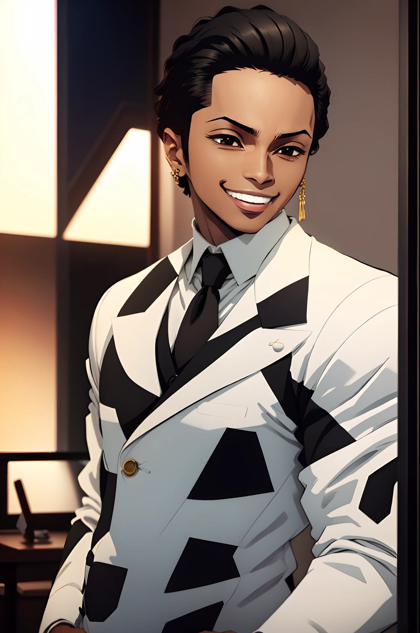 black young man, white suit, smile, zoro hairstyle, black hair, lindo, stylish pose, show, party elegant