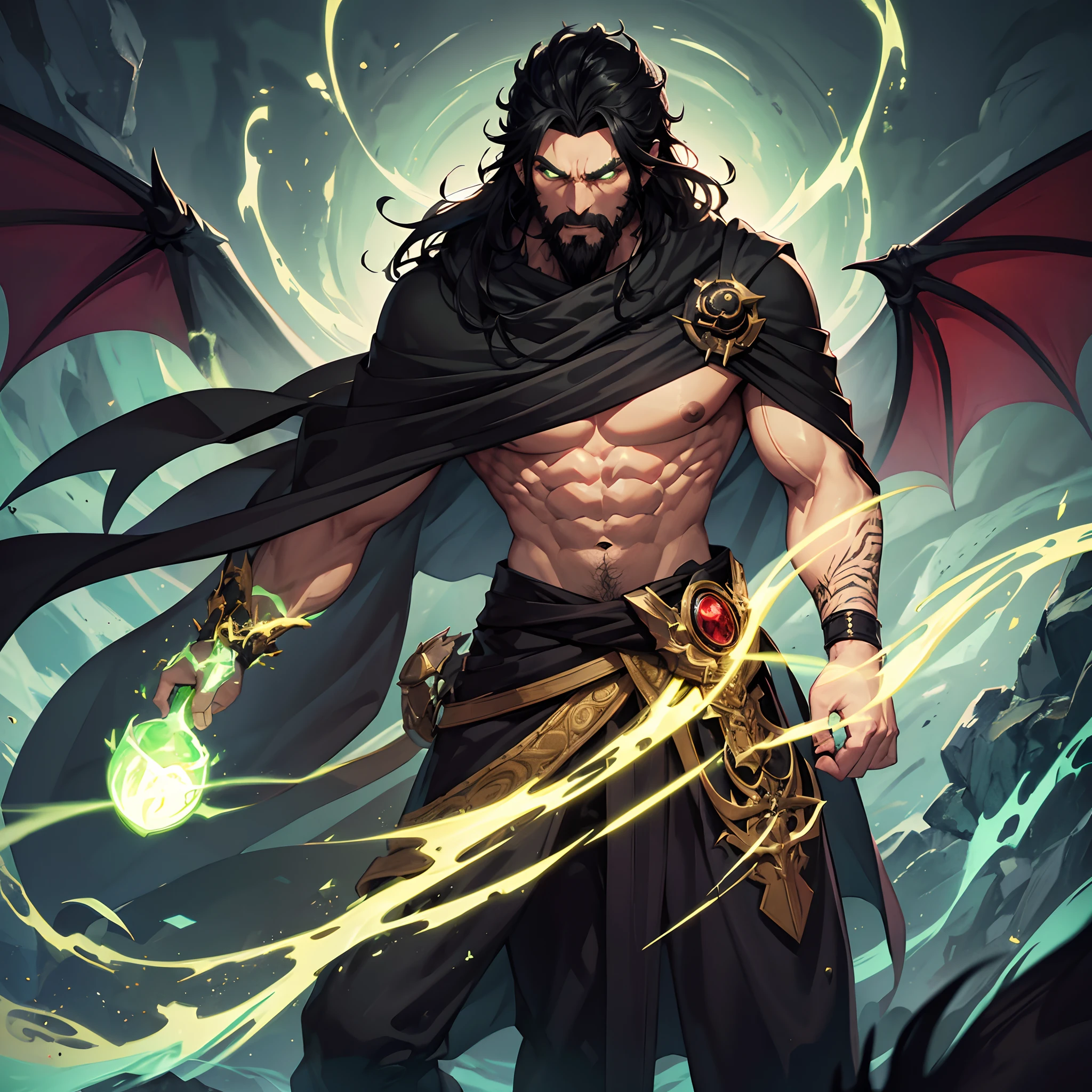 1man, black hair, glowing green eyes, scruff beard,muscles, giant muscles, light tattoos, wearing cape, shoulder polar furs, abs, long black hair, draconic, full body, dragon wings