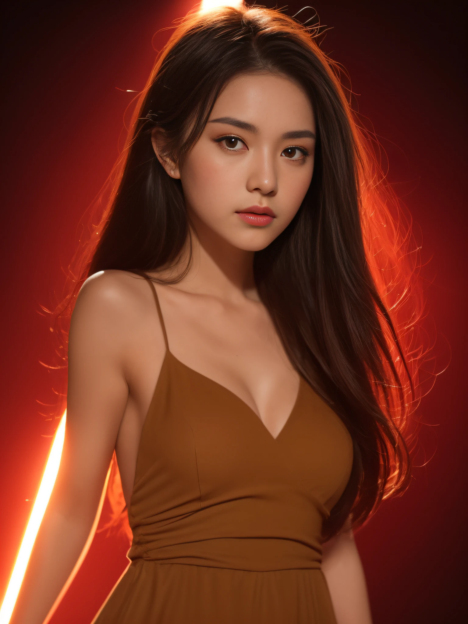 ((Night, Best Quality, 8K, Masterpiece: 1.3, Realistic)), Sharp focus: 1.2, Perfect Body Beauty: 1.4, Slender Abs: 1.2, ((Long layered brown hairstyle: 1.3, Medium Breasts: 1.2)), (Black long dress: 1.1, Standing: 1.4), (Indoor, Studio lights, Studio background: 1.1), (Soft lighting, Soft red lights: 1.1, Soft yellow lights: 1.1, Soft sunset lights: 1.3), Highly detailed face and skin texture, detailed eyes, double eyelids, back body focus camera view (Face facing other way, Face looking at the camera)
