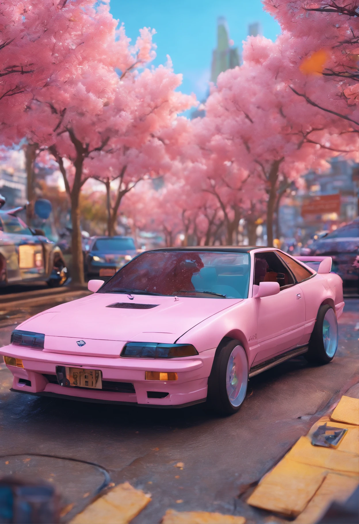 cinnannoe, hyper realistic, view angle from the sky, ultra detailed full body shot of woman in Night City, Ultra perfectly detailed pink car Nissan Silvia s14, around road sakura trees, Cyberpunk theme, white hoodie, T-shirt, black skirt, necklace, high-future vibes, head to toe image, depth of field, hyper detailed gorgeous face, natural body posture, trending on Artstation, 64k, ultra detailed, ultra accurate detailed, surrealism, ultra unreal engine, epic, freckles, stomach, legs, feets