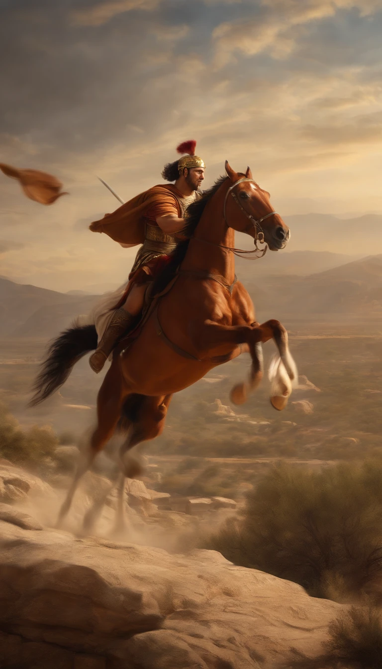 (((Callias Sprinting Across Dramatic Landscapes at Ancient History)))
Type of Image: Photograph
Subject Description: A photorealistic image capturing Callias, the Athenian messenger, in his Athenian messenger uniform, sprinting through awe-inspiring and dramatic ancient landscapes. The scene should convey his unwavering determination as he journeys through the vast and timeless world.
Art Styles: Realistic, Epic
Art Inspirations: Landscape photographers renowned for their captivating compositions
Camera: DSLR, Wide-Angle Lens (24mm)
Shot: Mid-Shot, Focusing on Callias in Motion
Render Related Information: High Resolution (4K), HDR, Dramatic Lighting to Highlight the Landscape and Convey the Ancient Ambiance