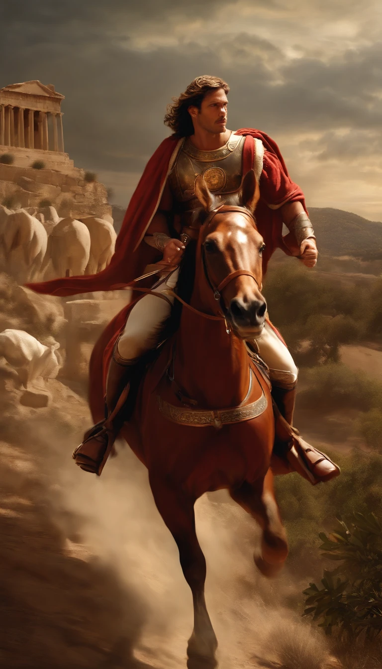 (((Callias Sprinting Across Dramatic Landscapes at Ancient History)))
Type of Image: Photograph
Subject Description: A photorealistic image capturing Callias, the Athenian messenger, in his Athenian messenger uniform, sprinting through awe-inspiring and dramatic ancient landscapes. The scene should convey his unwavering determination as he journeys through the vast and timeless world.
Art Styles: Realistic, Epic
Art Inspirations: Landscape photographers renowned for their captivating compositions
Camera: DSLR, Wide-Angle Lens (24mm)
Shot: Mid-Shot, Focusing on Callias in Motion
Render Related Information: High Resolution (4K), HDR, Dramatic Lighting to Highlight the Landscape and Convey the Ancient Ambiance