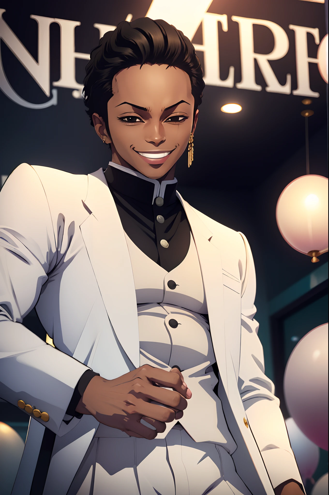 black young man, white suit, smile, zoro hairstyle, black hair, lindo, stylish pose, show, party elegant