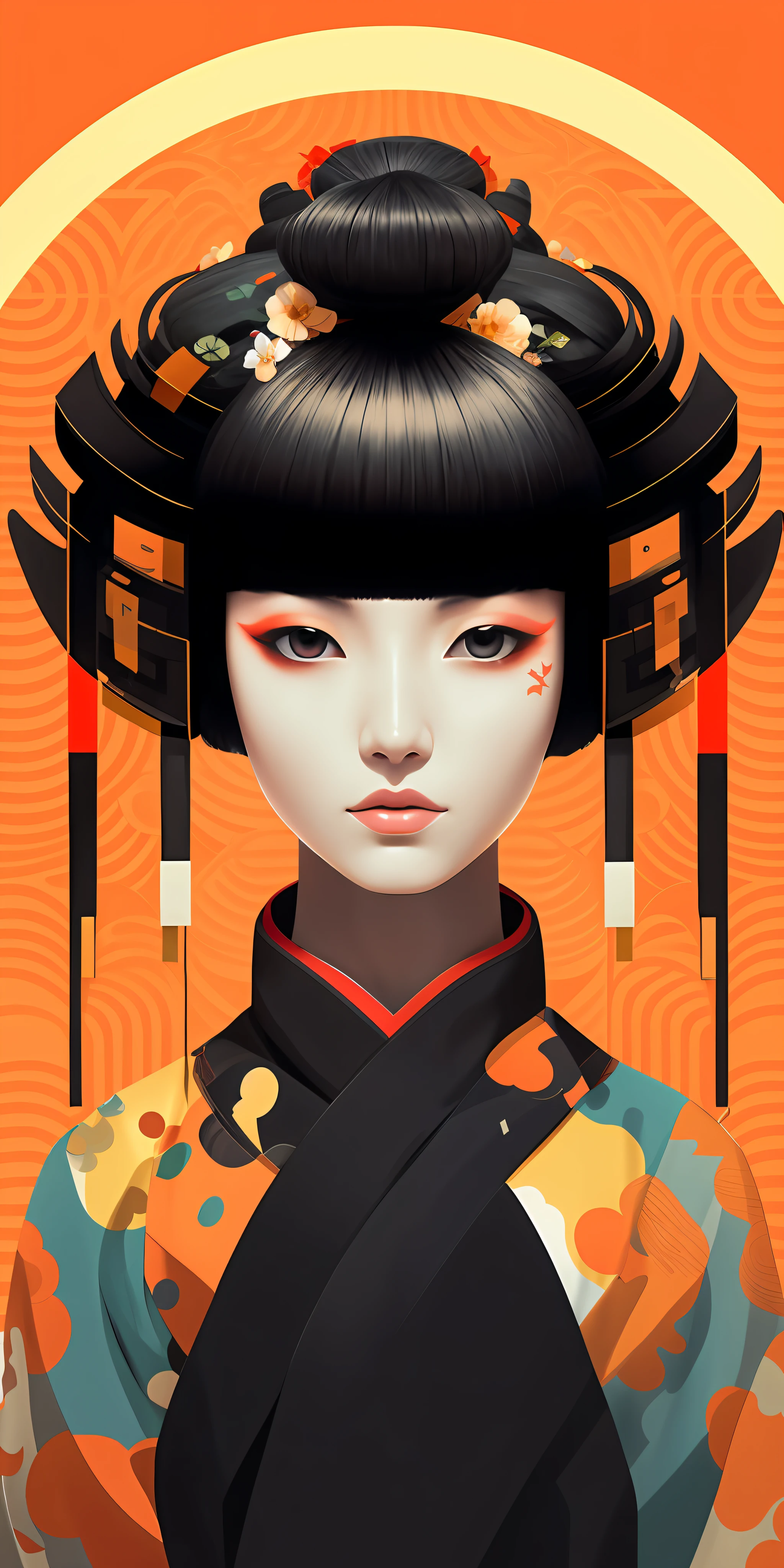 Illustration of a woman with geisha hairstyle and flowers on her hair, stunning digital illustration, japanese art, japanese art style, beautiful digital illustration, cyberpunk geisha, guvez style artwork, beautiful digital illustration, beautiful digital artwork, pop japanese 3 d super detailed,:: rossdraws, beautiful artwork illustration, Johanna, zhang jingna, in the style of japanese minimalist futurism-inspired, neo pop art iconography, guillaume seignac, conceptual pieces, caninecore, dau al set, catcore