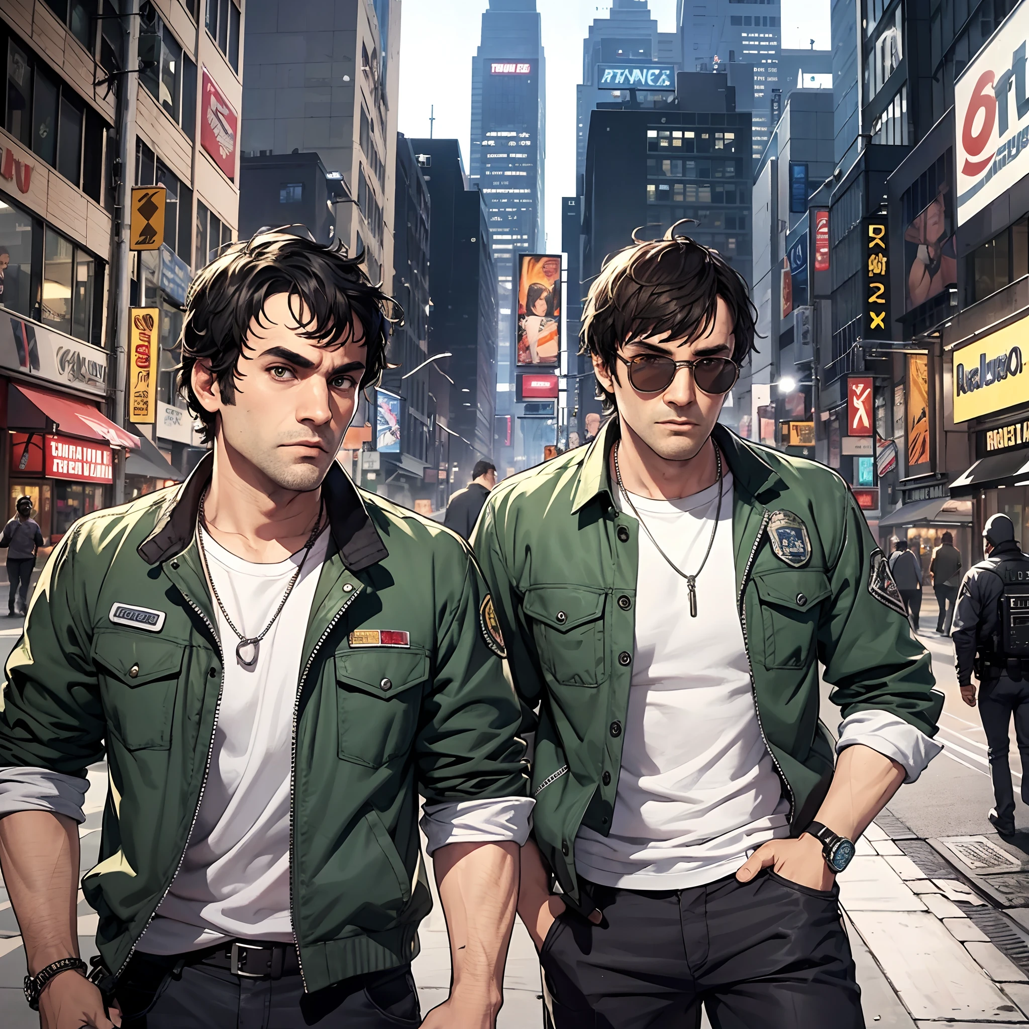 Use GTA 5 design, four guys leaving the bank with money bags , guns, cops full color illustration realistic, award-winning illustration in color, (complicated detail: 1.2), (fine detail)