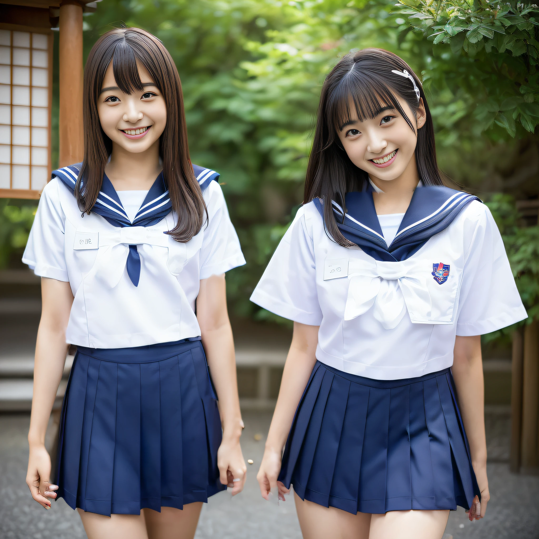 2 girls in old-Japanese town on school trips,white sailor shirt,navy blue pleated skirt,18-year-old,bangs,a little smile,thighs,knees,short hair with low pigtails bunches,from below,front light