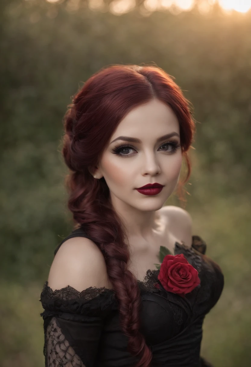 Uma obra-prima de arte de tatuagem colorida, Chibi Katrina Gothic Doll, cabelos pretos, sorriso assustador, vestido vermelho, Sangue e rosas, em um castelo, Detalhado e Intrincicado, disco Rigido, Bioluminicense
