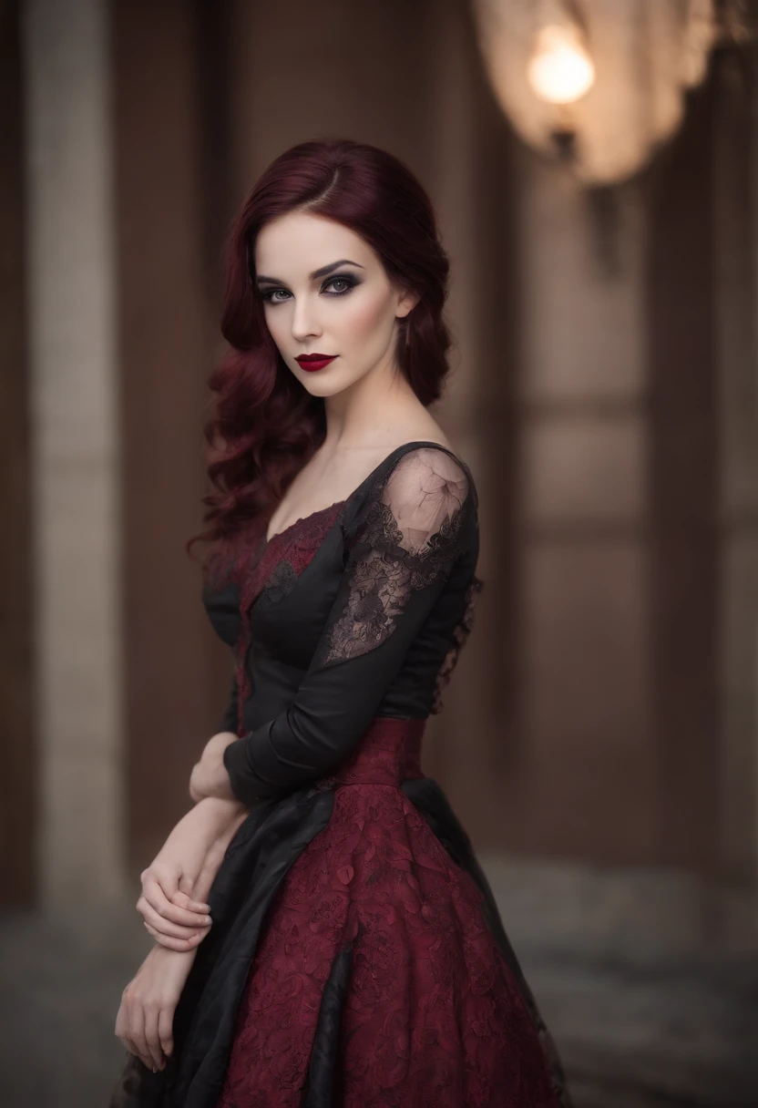 Uma obra-prima de arte de tatuagem colorida, Chibi Katrina Gothic Doll, cabelos pretos, sorriso assustador, vestido vermelho, Sangue e rosas, em um castelo, Detalhado e Intrincicado, disco Rigido, Bioluminicense