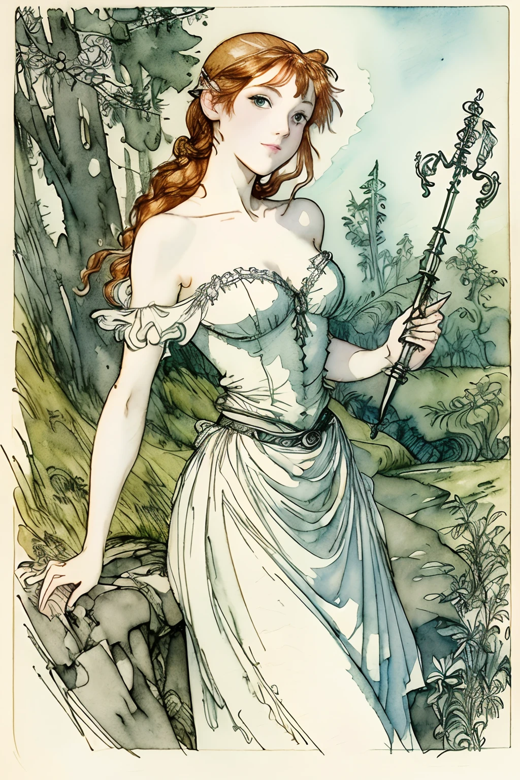 (best quality), ((masterpiece)), 8k 25 year old, redhead girl, alluring, armpit lenght hair (((upturned eyes))) cute ((strapless white dress)) slender build, ((corkscrew hairstyle)) (((arthur rackham watercolor sketch ))) muted palette, in the forest at night (( full shot ))