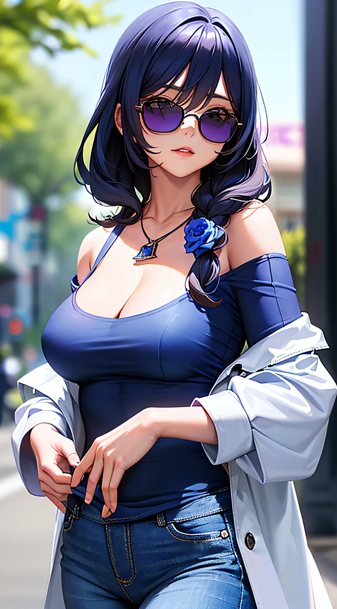 1girl, masterpiece, best quality, medium close-up, ((off shoulder coat blue gradient, tight tanktop, jeans, sunglasses, necklace)), street, sexy