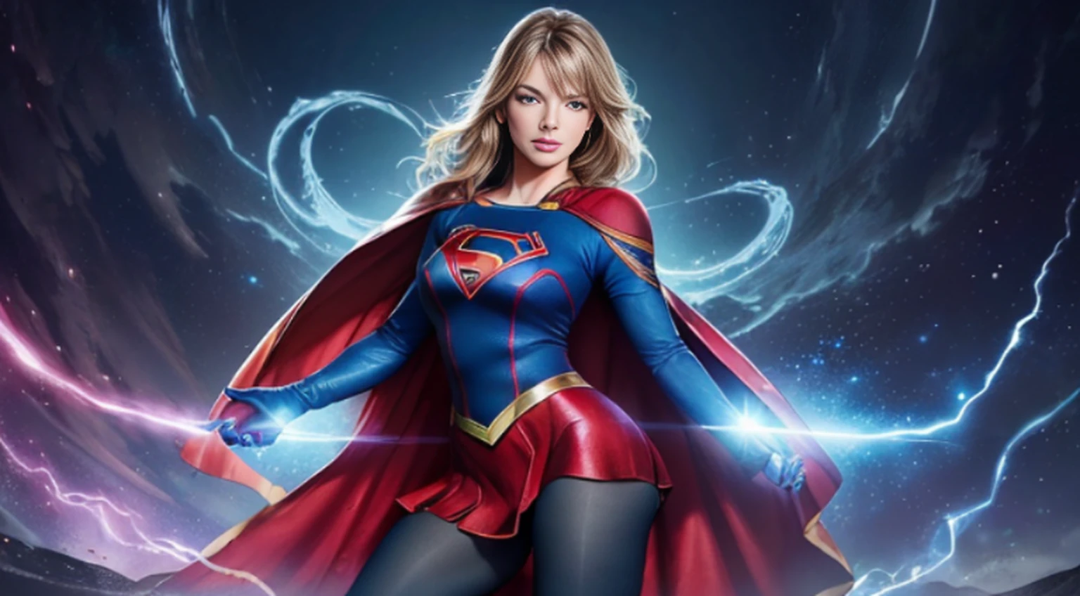 The actress Mia Goth as the character Supergirl, extremely beautiful blue eyes, beautiful blond hair, incredible beautiful buttock, smooth curves, perfect smile, red cape, space monsters in the background 