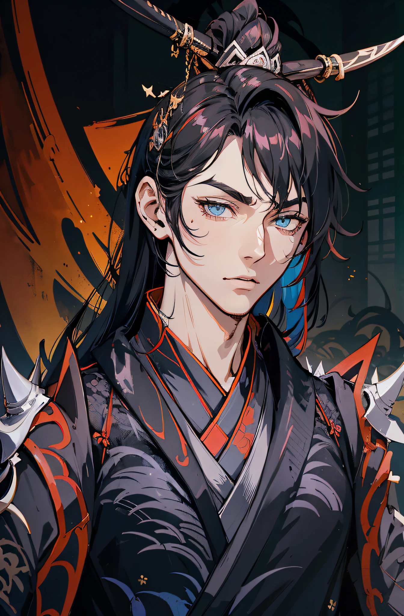 Anime - Stilbild eines Mannes mit schwarzen Haaren und schwarz-rotem Outfit, Rote Augen, Keqing von Genshin Impact, Handsome guy in demon slayer art, Taisho Roman, handsome androgynous prince, Zhongli von Genshin Impact, schwarzhaarige Gottheit, anime gutaussehender mann, zarter androgyner Prinz, Masamune Shiro, heise jinyao, Offizielle Kunst
