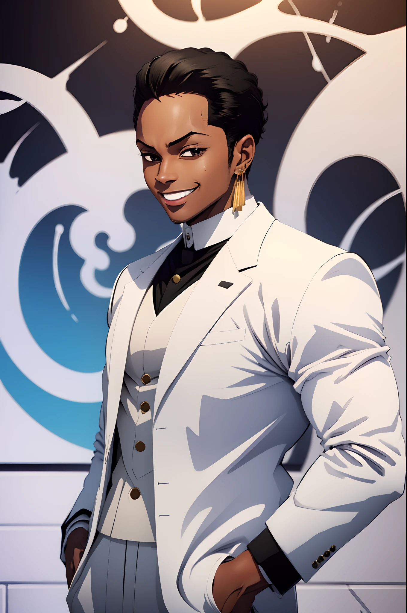 black young man, white suit, smile, zoro hairstyle, black hair, lindo, stylish pose, show, party elegant