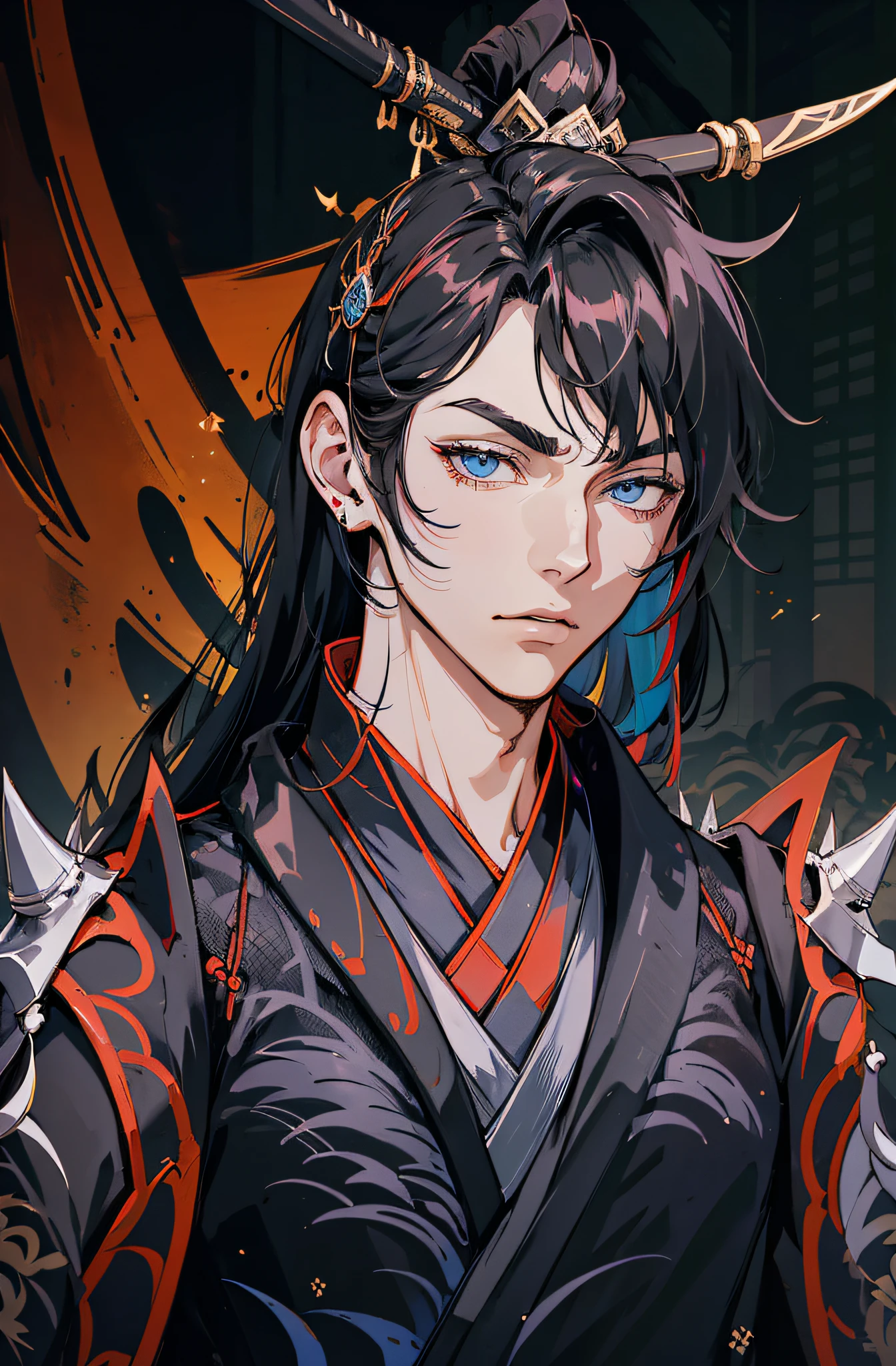 Anime - Stilbild eines Mannes mit schwarzen Haaren und schwarz-rotem Outfit, Rote Augen, Keqing von Genshin Impact, Handsome guy in demon slayer art, Taisho Roman, handsome androgynous prince, Zhongli von Genshin Impact, schwarzhaarige Gottheit, anime gutaussehender mann, zarter androgyner Prinz, Masamune Shiro, heise jinyao, Offizielle Kunst