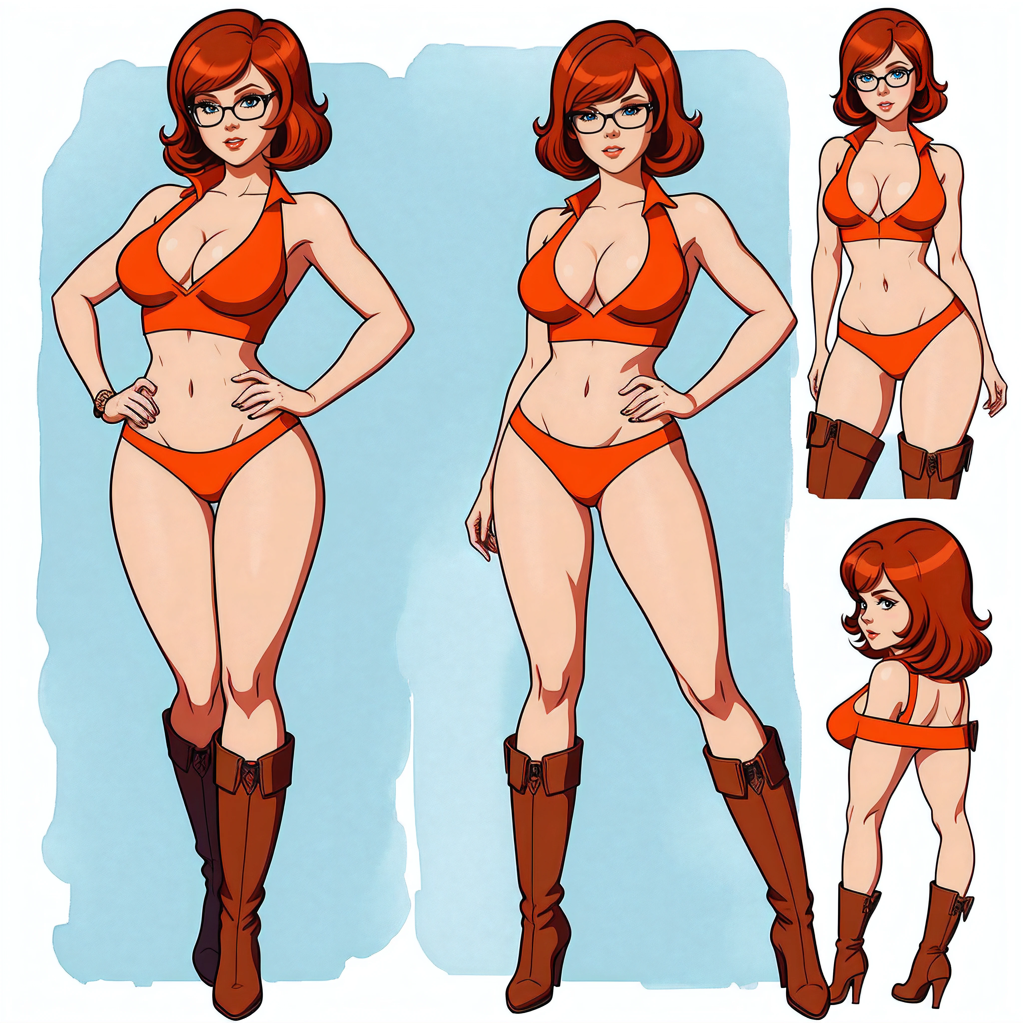 STICKER, A detailed illustration of a vivid Sexy Velma Dinkley from Scooby Doo fully naked, bare breasts, face view, ass view, side by side, model pose, perfect hands, exposed breasts, Beautiful Eyes and Face Details, orange thong, Solo Female, medium breasts, full cleavage, Full Body View, orange high heeled boots, soft nipples, hands behind her back, full body portrait, vintage t-shirt design, in the style of hand drawing, 3D vector art, fantasy art, watercolour effect, Adobe Illustrator, hand-drawn, digital painting, low-poly, soft lighting, isometric style, retro aesthetic, focused on the character, 8K, Best Quality, Masterpiece,