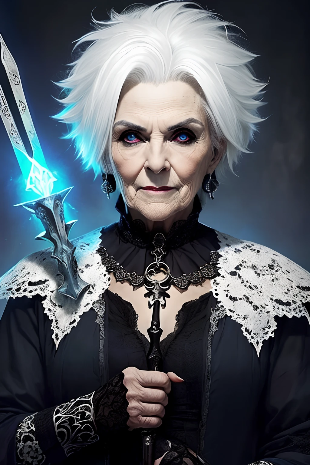 (papel de parede 8k extremamente detalhado), An average photo of a beautiful old woman with necromancer white hair, intrincado, alto detalhe, Dramatic