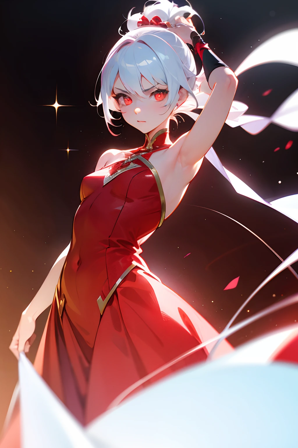 anime young girl, hair, white hair tied back, red glowing eyes, wearing a crimson dress, large dress, dress detached from the body, exposed shoulders and arms, waltz background, portraits, look of superiority, look at the camera, princess pose, colorful tones, soft lighting, best quality, ultra-detailed, photo-realistic:1.37, vivid colors, bokeh, sparkles, feeling of power, captivating look, powerful gaze