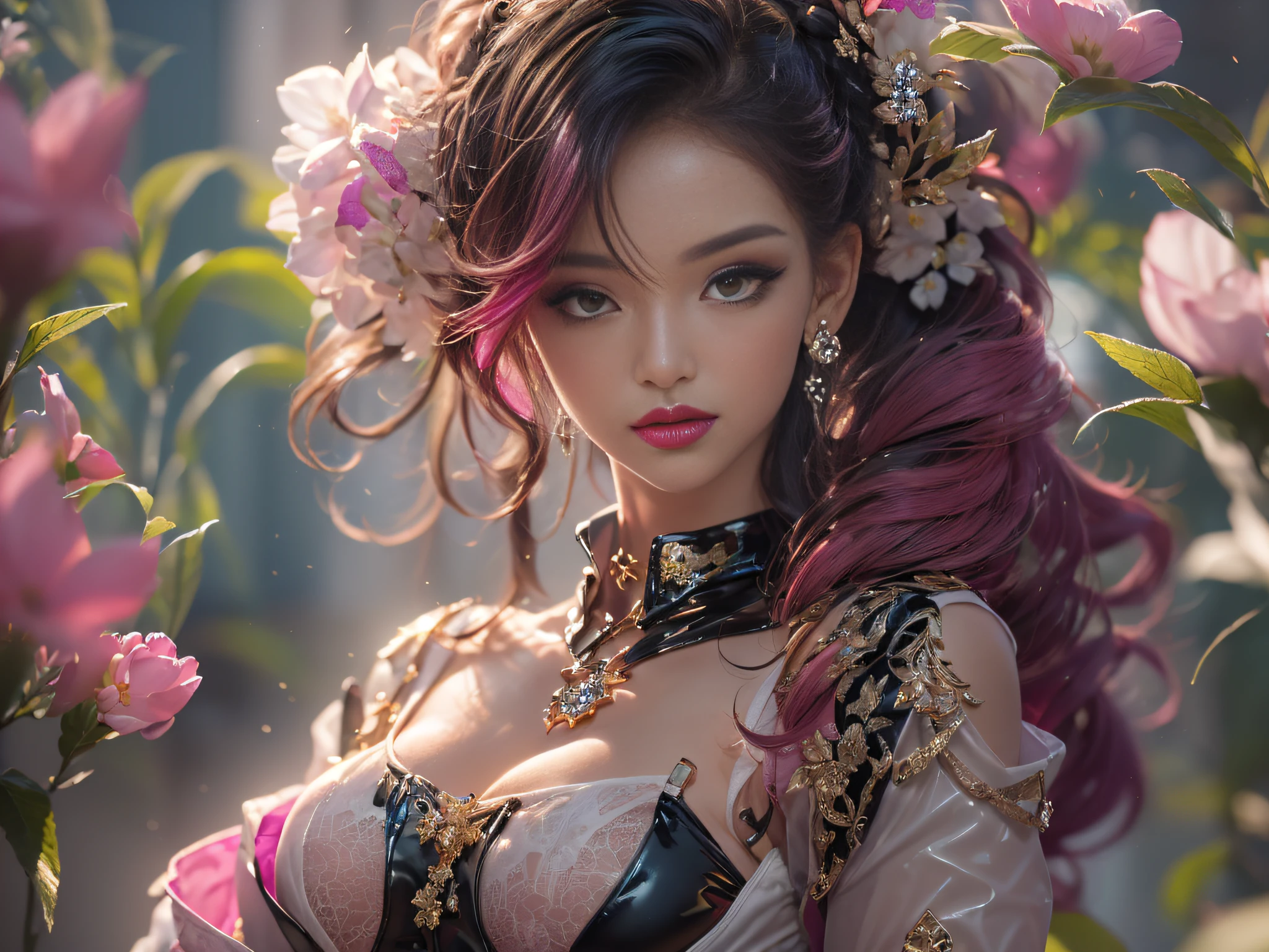 8k Ultra HD, image 9:17, 8k, masterpiece, RAW photo, best quality, detail: 1.3), photorealistic, incredibly detailed CG Unity 8k wallpaper, depth of field, cinema light, lens flare, ray tracing, [[[sharp focus: 1.2]]], (extremely beautiful face, beautiful lips, beautiful eyes), ((pink makeup, pink lipstick, eyeliner, cheveux noirs moelleux, Hair illumination, voluminous lighting, expressive eyes)), face with intricate details, ((very detailed skin)), 1 girl, in the dark, deep shadow, pretty girl, (medium bust:1.8), ((narrow waist, slanderous legs)), (small ass), perky, (oli face: 1.3), (very slim slender fit-muscled body:1.3), ((looks at viewer)), (big smile), (lace-up dress), (sleeve), (city night, (neon), (night), tights, clean eyes, Dark makeup, walking, face forward, (cowboy shot)), ((magenta lace-up corset)), ((white color dress)), (((( (magenta: lace-up), (((white: latex pants)))))), ((((long black latex gloves)))) long legs, ((Long Messy pink Pony with Braid, (((flowers in hair))))), 3D, rich colors, (Intricately detailed multi-layer lace corset), ((earrings, ((diamonds)), necklace, (gold), bracelets, valuables)