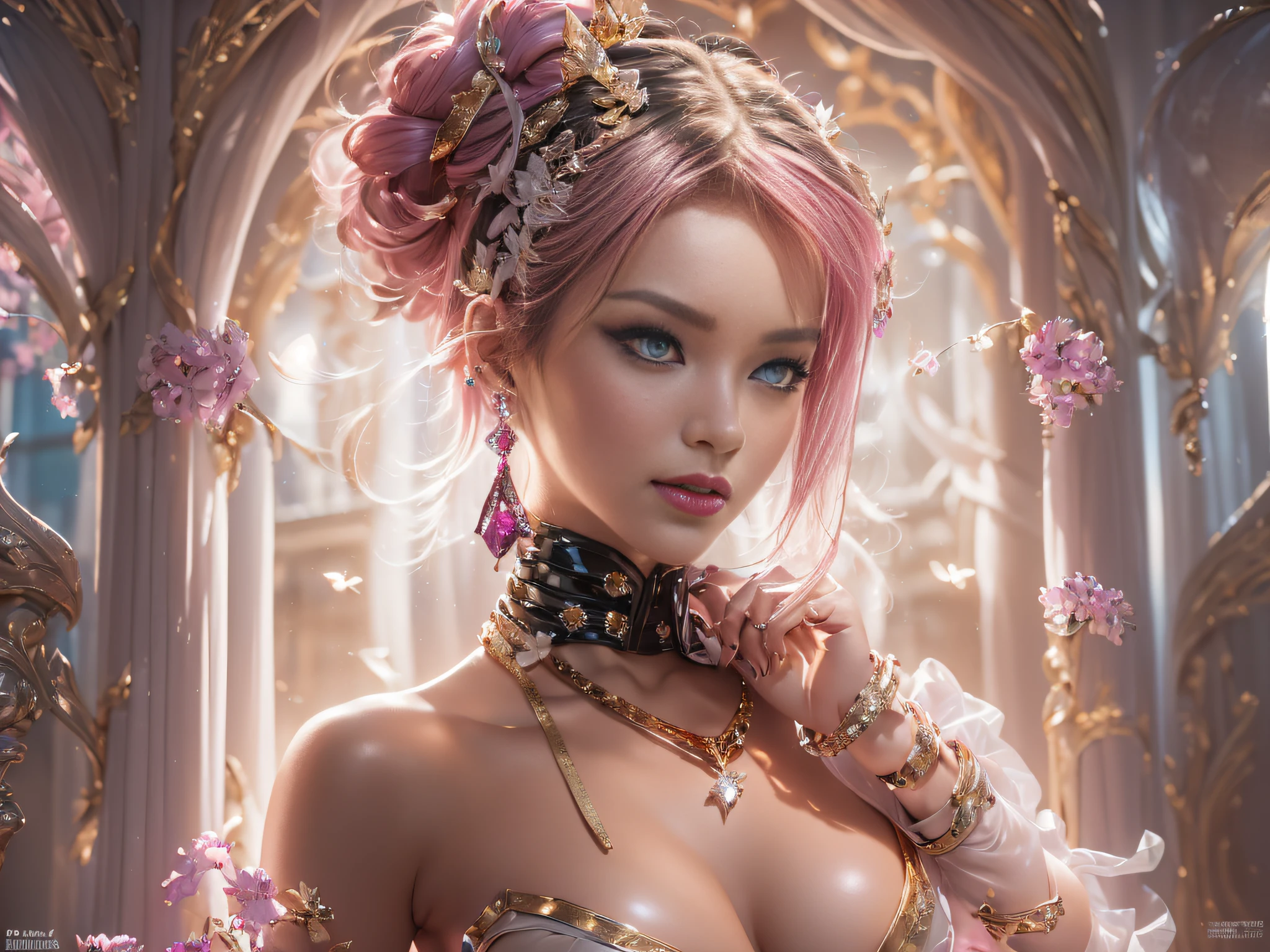 8k Ultra HD, image 9:17, 8k, masterpiece, RAW photo, best quality, detail: 1.3), photorealistic, incredibly detailed CG Unity 8k wallpaper, depth of field, cinema light, lens flare, ray tracing, [[[sharp focus: 1.2]]], (extremely beautiful face, beautiful lips, beautiful eyes), ((pink makeup, pink lipstick, eyeliner, cheveux noirs moelleux, Hair illumination, voluminous lighting, expressive eyes)), face with intricate details, ((very detailed skin)), 1 girl, in the dark, deep shadow, pretty girl, (medium bust:1.8), ((narrow waist, slanderous legs)), (small ass), perky, (oli face: 1.3), (very slim slender fit-muscled body:1.3), ((looks at viewer)), (big smile), (lace-up dress), (sleeve), (city night, (neon), (night), tights, clean eyes, Dark makeup, walking, face forward, (cowboy shot)), ((magenta lace-up corset)), ((white color dress)), (((( (magenta: lace-up), (((white: latex pants)))))), ((((long black latex gloves)))) long legs, ((Long Messy pink Pony with Braid, (((flowers in hair))))), 3D, rich colors, (Intricately detailed multi-layer lace corset), ((earrings, ((diamonds)), necklace, (gold), bracelets, valuables)