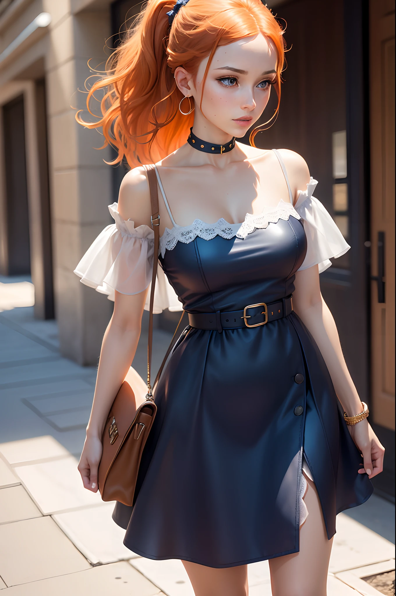 Full body best quality, Masterpiece, 超高分辨率, (Photorealistic: 1.4), RAW photo, 1girll, cropped shoulders, Cinematic lighting, Glasses, earrings in the perfect ears, bangs, (Orange hair: 2.6 ), (Bob cut: 1.5), Open chest, breasts on display, Pointed, stiff