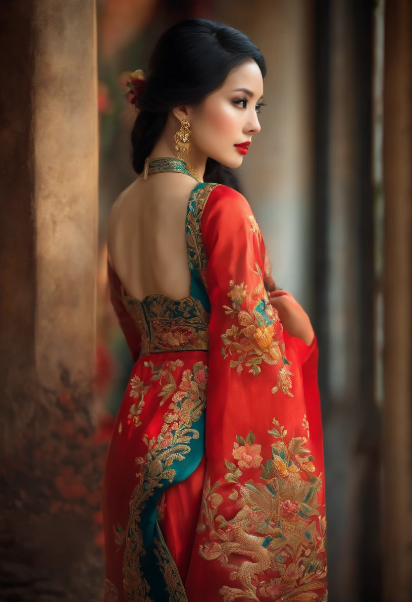 back view,thighs,(high quality, beautiful portrait, vivid colors), (realistic,photorealistic:1.37), detailed eyes, detailed lips, long black hair, traditional Vietnamese dress, elegant pose, traditional silk fabric, delicate embroidery, floral patterns, vibrant colors, graceful movement, natural lighting, soft background, cultural heritage