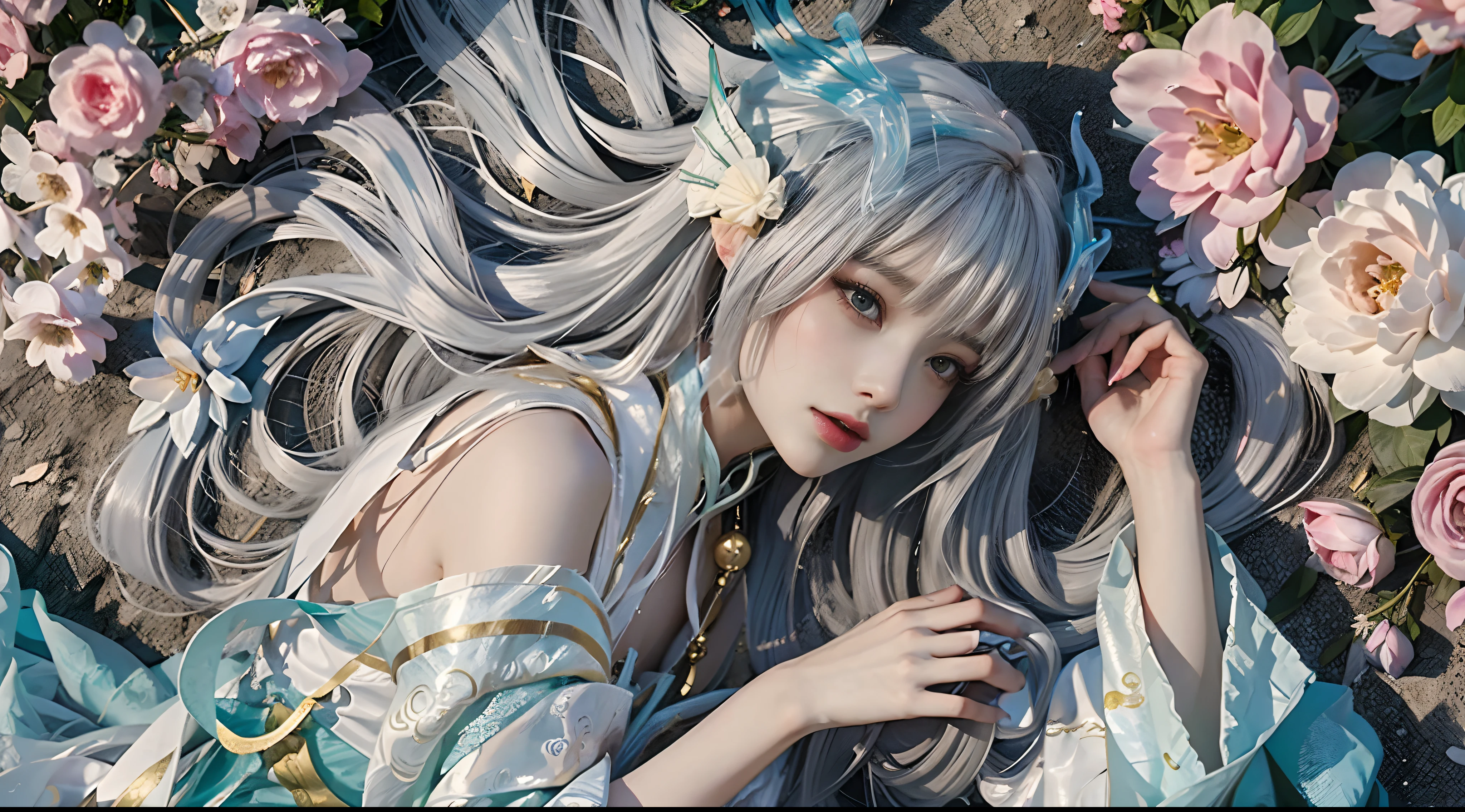 Beautiful celestial mage,Amazing young ethereal characters,shaxi,A flowing magic robe,White Hanfu,xianxia fantasy,Beauty Delfin,Ethereal fantasy,Elegant and charming cosplay,one-girl,((Lie flat on the ground)),((Top-down view)),Feminine and colorful,It's tumultuous,Hands relax naturally,nighttime scene,Lots of neon
