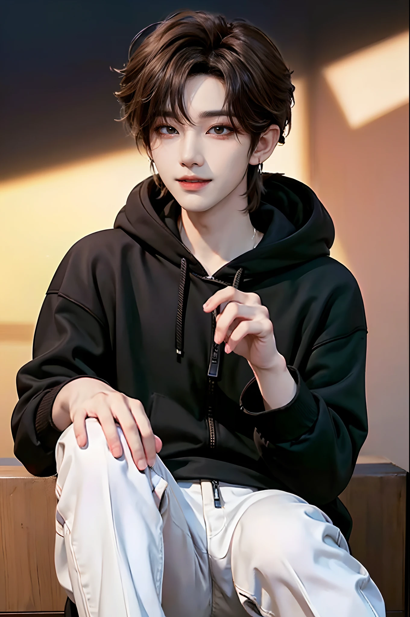 ((4K works))、masterpiece、(top-quality)、((high-level image quality))、Happiness、((One Manly Boy))、K-pop Idol Photos、Slim body、((Stylish black hoodie and white pants))、(Detailed beautiful eyes)、Stylish city view on background、Face similar to Chaewon in Ruseraphim、((short hair above the ears))、((Smaller face))、((Neutral face))、((Light brown eyes))、((Korean boy))、((18year old))、((Handsome man))、((Gentle smile))、((Korean Makeup))、((elongated and sharp eyes))、((Zoom up to face))、((Face enhancement))、((Focus zoom in))、((MV shooting))、((Photos of only one person))、Holding hands with viewers