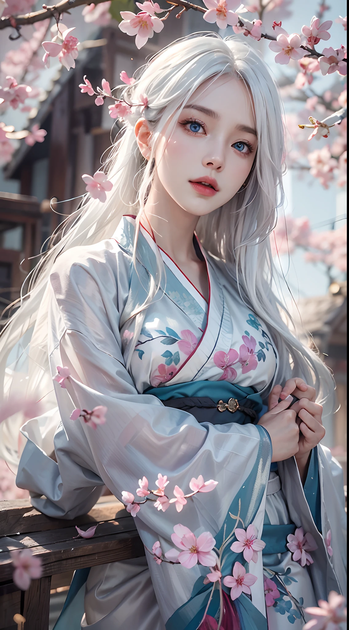 Traditional kimono with Japan eyes closed、Chrysanthemum、with floral pattern,Personification of the white snake,long white hair,Holding a dagger,sneering,(RAW shooting)、(hyper realstic、Top image quality)、8k、(realisitic、photoRealstic:1.3)、masterpiece、超A high resolution、Stunning big、((Beautiful 35 year old Japan:1.3)Crystal clear white skin,Close your eyes tightly,A sexy,Natural soft light、(film grains、FujifilmXT3、8k uhd、Digital SLR、lens)、Hollywood lips、Wide jawline、wide lips、narrow beautiful nose、movie、(Up to 8K resolution for photos、complexly detailed、Convoluted、elegent、Expansiveness、Fantastical)、ultra-detailliert、Insane details、Beautifully color graded、unrealengine、The degree of freedom、Hyper-Resolution、Megapixel、cinematic lightening、Anti-aliasing、FKAA、TXAA、RTX、SSAO、Post-processing、Post Production、tonemapping、CGI、VFX、SFX、Insanely detailed and interesting、Hyper maximalist、hyper realstic、Volumetric、ultra photoreal、ultra -detail、intricate detailes、ultra -detail、fulcolor、Volume Lightning、HDR、reallistic、unrealengine、16K、Foconitide、octan render