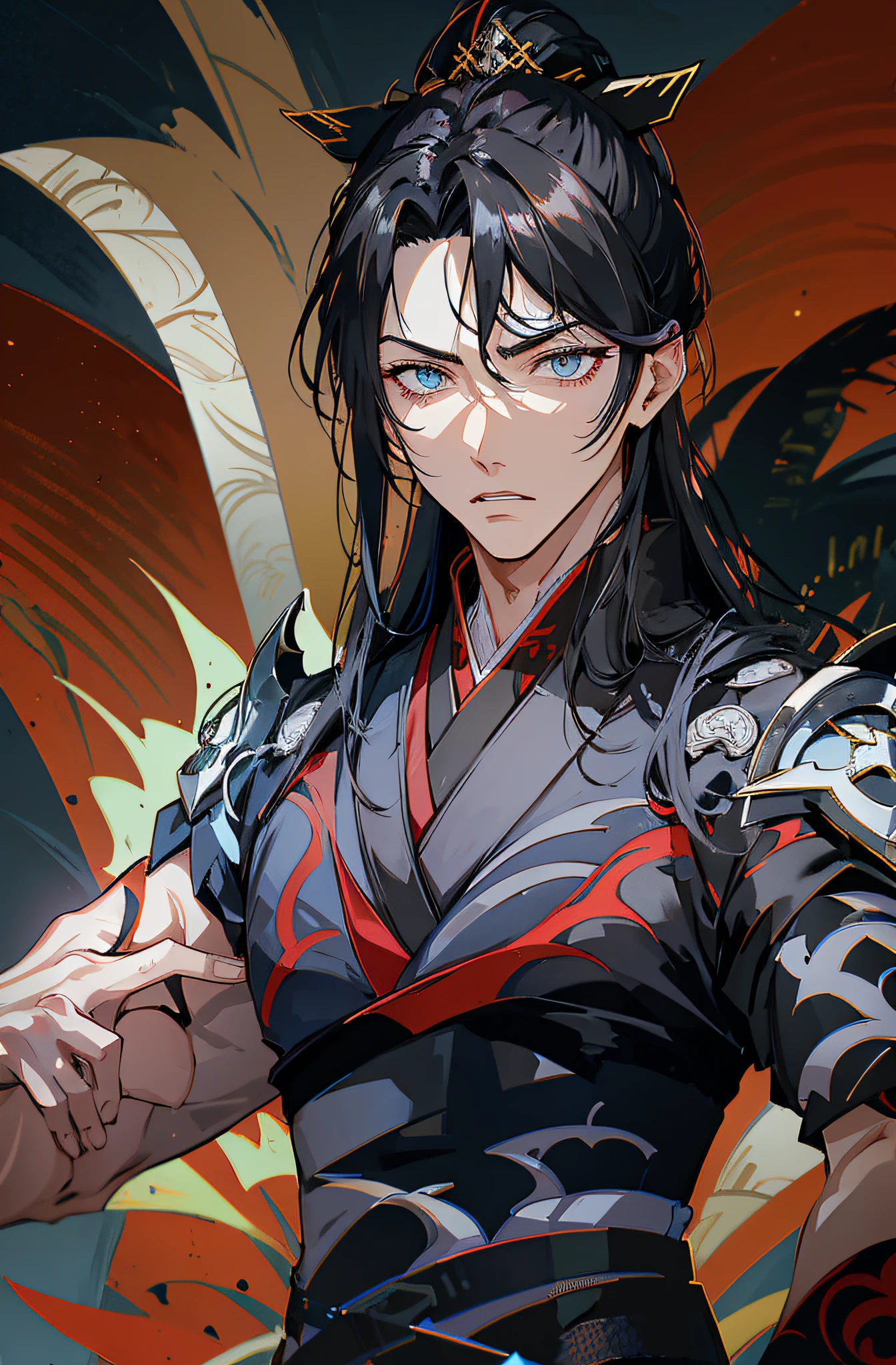 Anime - Stilbild eines Mannes mit schwarzen Haaren und schwarz-rotem Outfit, Rote Augen, Keqing von Genshin Impact, Handsome guy in demon slayer art, Taisho Roman, handsome androgynous prince, Zhongli von Genshin Impact, schwarzhaarige Gottheit, anime gutaussehender mann, zarter androgyner Prinz, Masamune Shiro, heise jinyao, Offizielle Kunst
