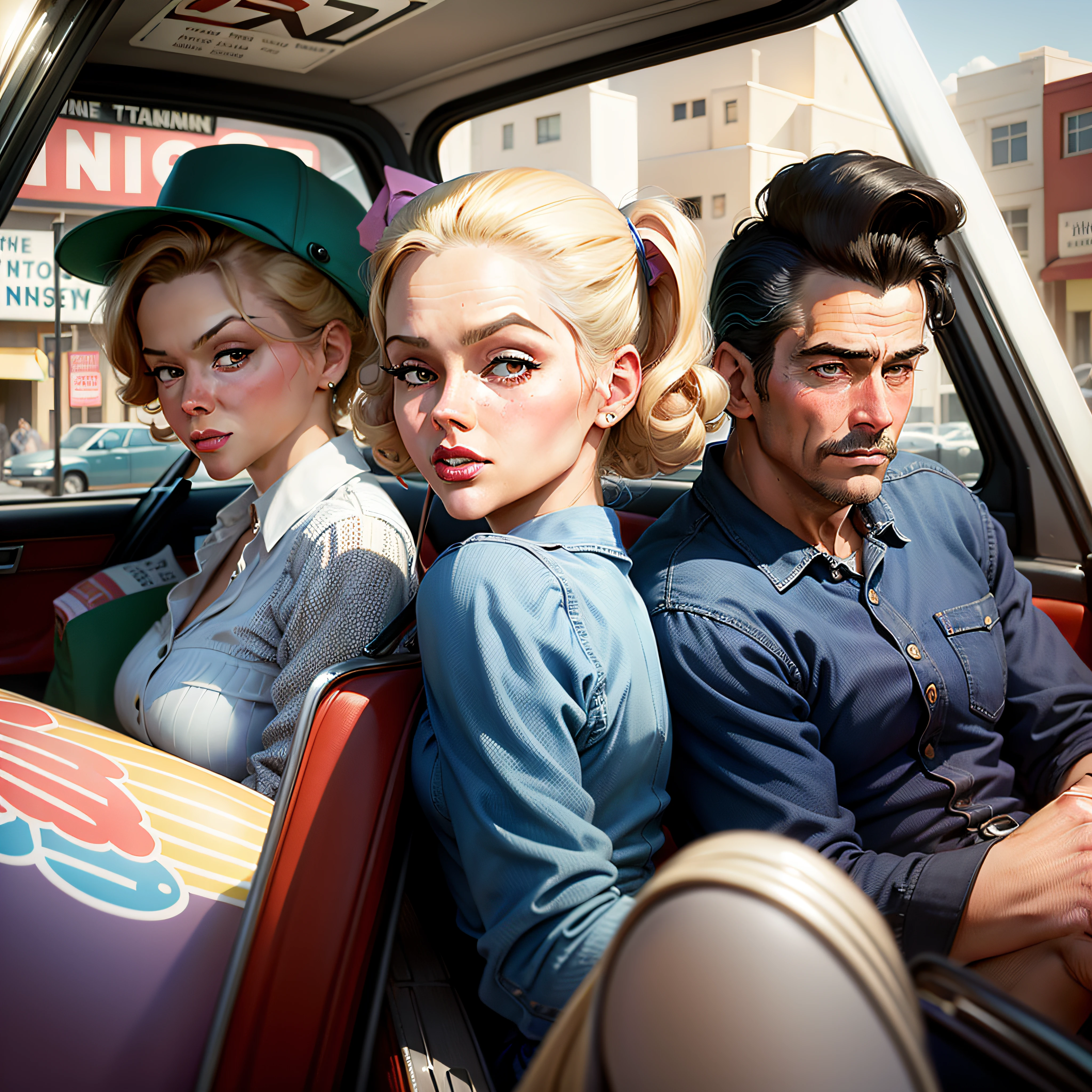 there is a man and woman sitting in a car with a dog, colorized background, colourized, colorized photo, by Art Fitzpatrick, colorized, inspired by Austin Briggs, ( art fitzpatrick ), digitally colored, norman rockwell style, inspired by Henry Justice Ford, in style of norman rockwell, inspired by John French Sloan, full color illustration, a colorized photo
