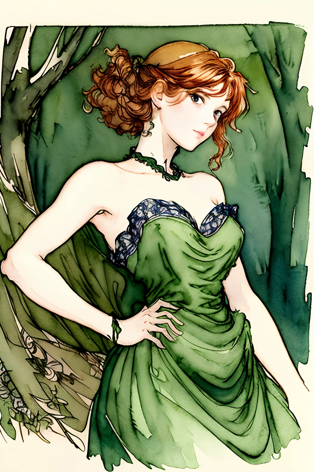 (best quality), ((masterpiece)), 8k 25 year old, redhead girl, alluring, armpit lenght hair (((upturned eyes))) cute ((strapless green dress)) slender build, ((corkscrew hairstyle)) (((arthur rackham watercolor sketch ))) muted palette, in the forest at night (( full shot ))