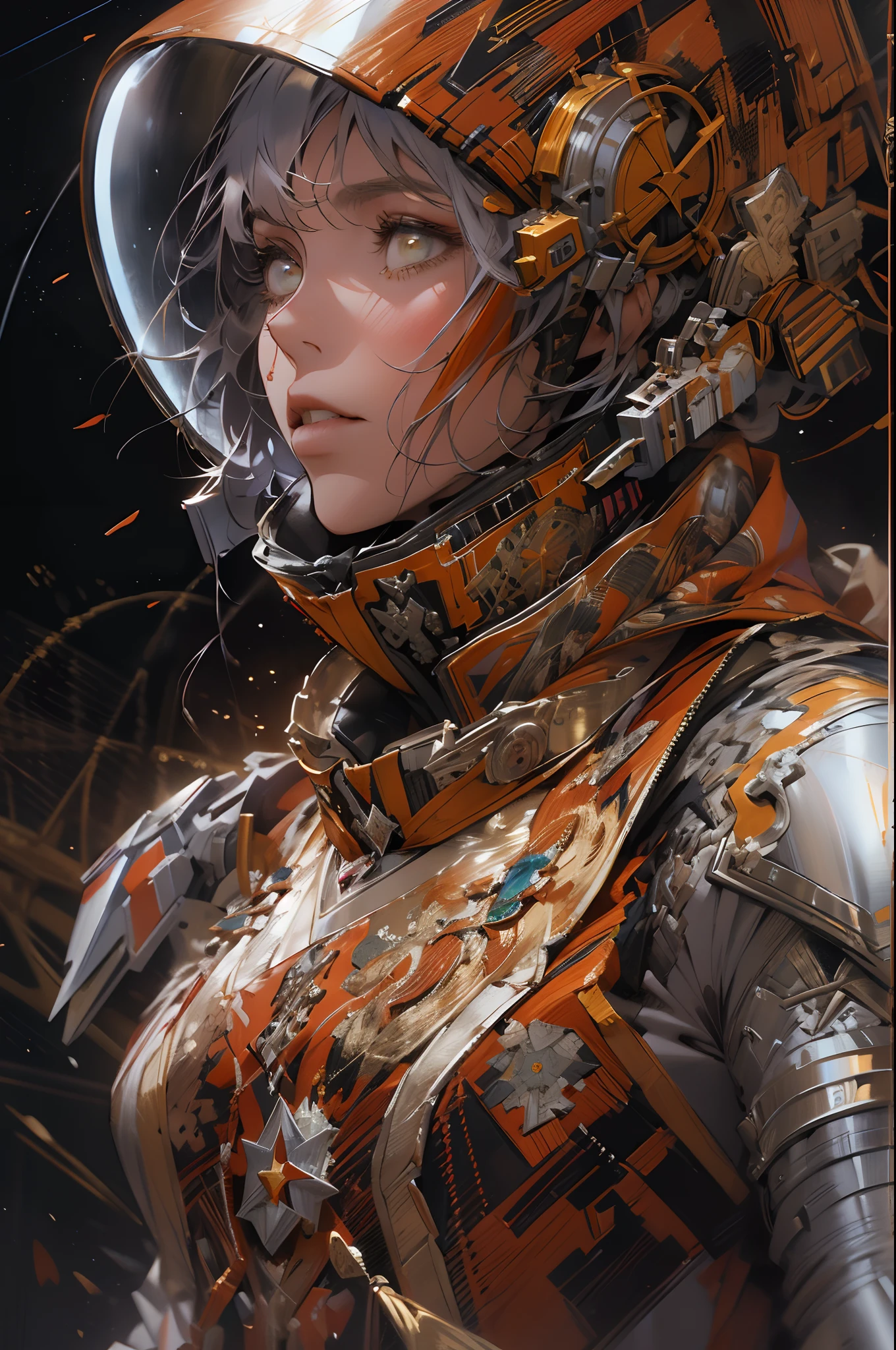 Digital portrait of a Marine woman in space, pronounced feminine features, Silver alloy metal and red heavy space armor, in the desert, Detailed, Cinematic composition, Power space armor, Intricate details, eerie, Highly detailed, 8K, art by artgerm and greg rutkowski and alphonse mucha, Blurry, reflective metallic, 4K, 8K