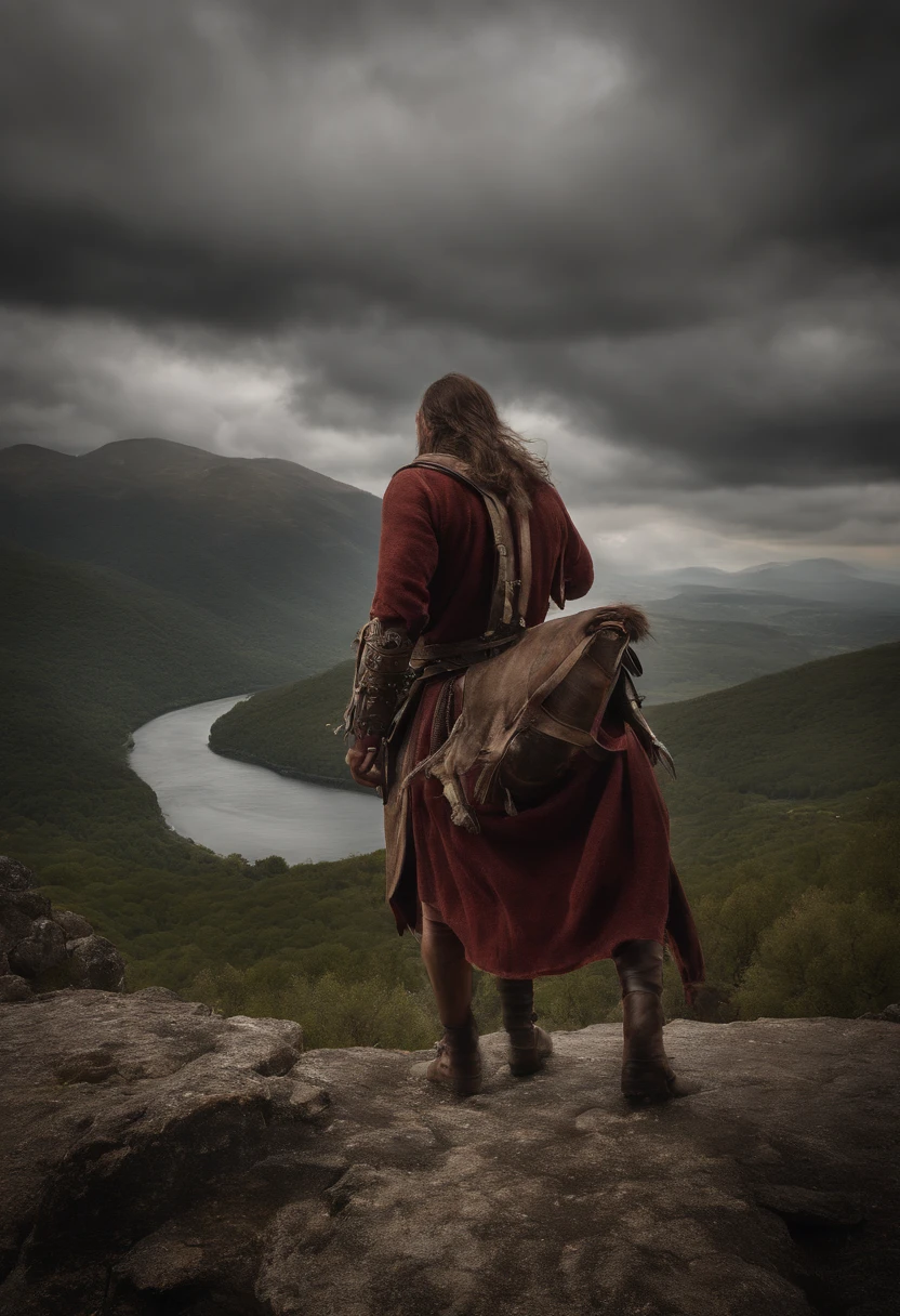 A Athenian messenger warrior "Callias", topless, barechest, raw, in KILT, long black flowing hair, sprinting through awe-inspiring and dramatic ancient landscapes. The scene should convey his unwavering determination as he journeys through the vast and timeless world. Art Styles: Realistic, Epic Art Inspirations: Landscape photographers renowned for their captivating compositions Camera: DSLR, Wide-Angle Lens (24mm) Shot: Mid-Shot, Focusing on Callias in Motion Render Related Information: High Resolution (4K), HDR, Dramatic Lighting to Highlight the Landscape and Convey the Ancient Ambiance