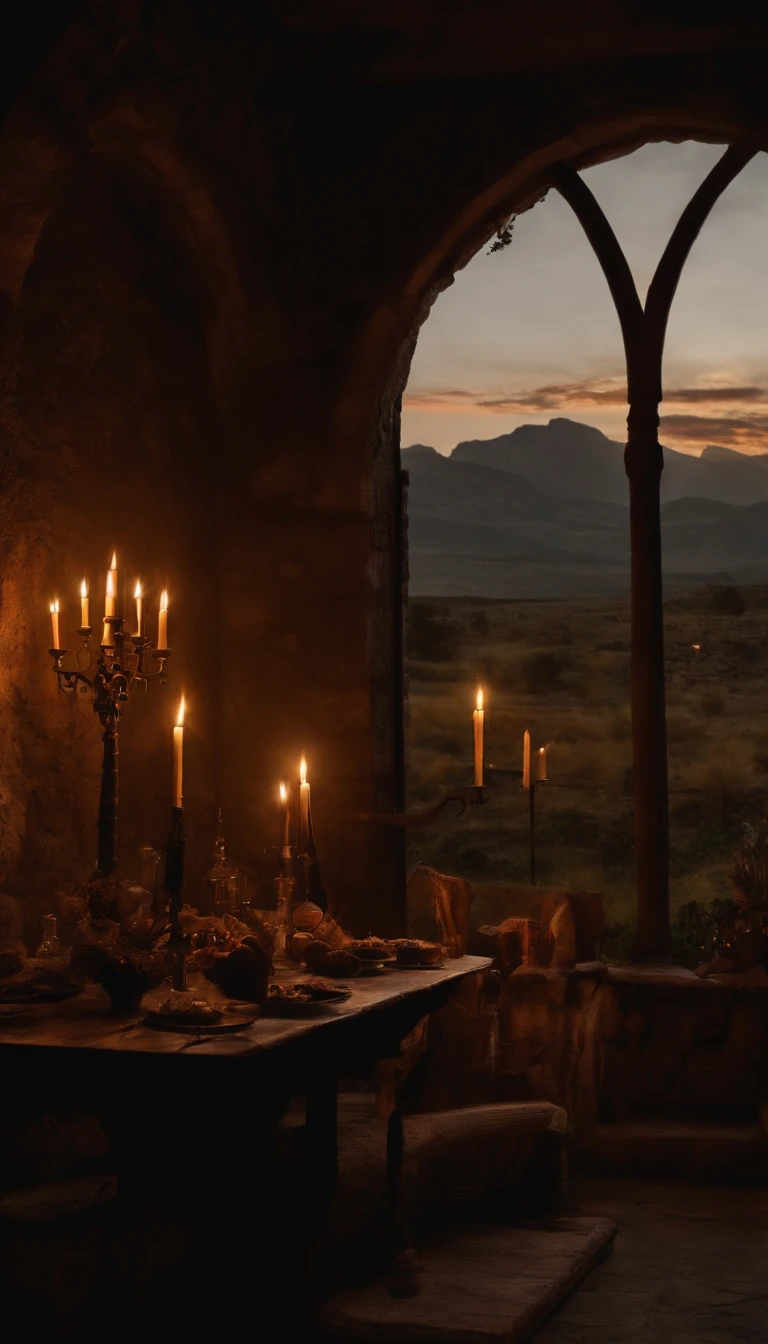 Uplighting, parede, lampadas de fogo, medieval