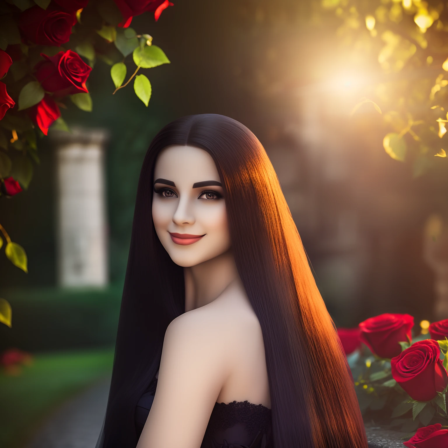 a vampire in love,long flowing hair,blood-red eyes,sharp fangs,listening to classical music in a moonlit garden,a mesmerizing smile,black lace dress,gently holding a red rose in her hand,the rose petals falling like drops of blood(best quality,ultra-detailed,realistic:1.37),dark and romantic,soft candlelight illuminating her porcelain skin,casting elegant shadows on the cobblestone path,vivid colors contrasting with the night's darkness,subtle glow surrounding her,surreal and captivating scene. --auto