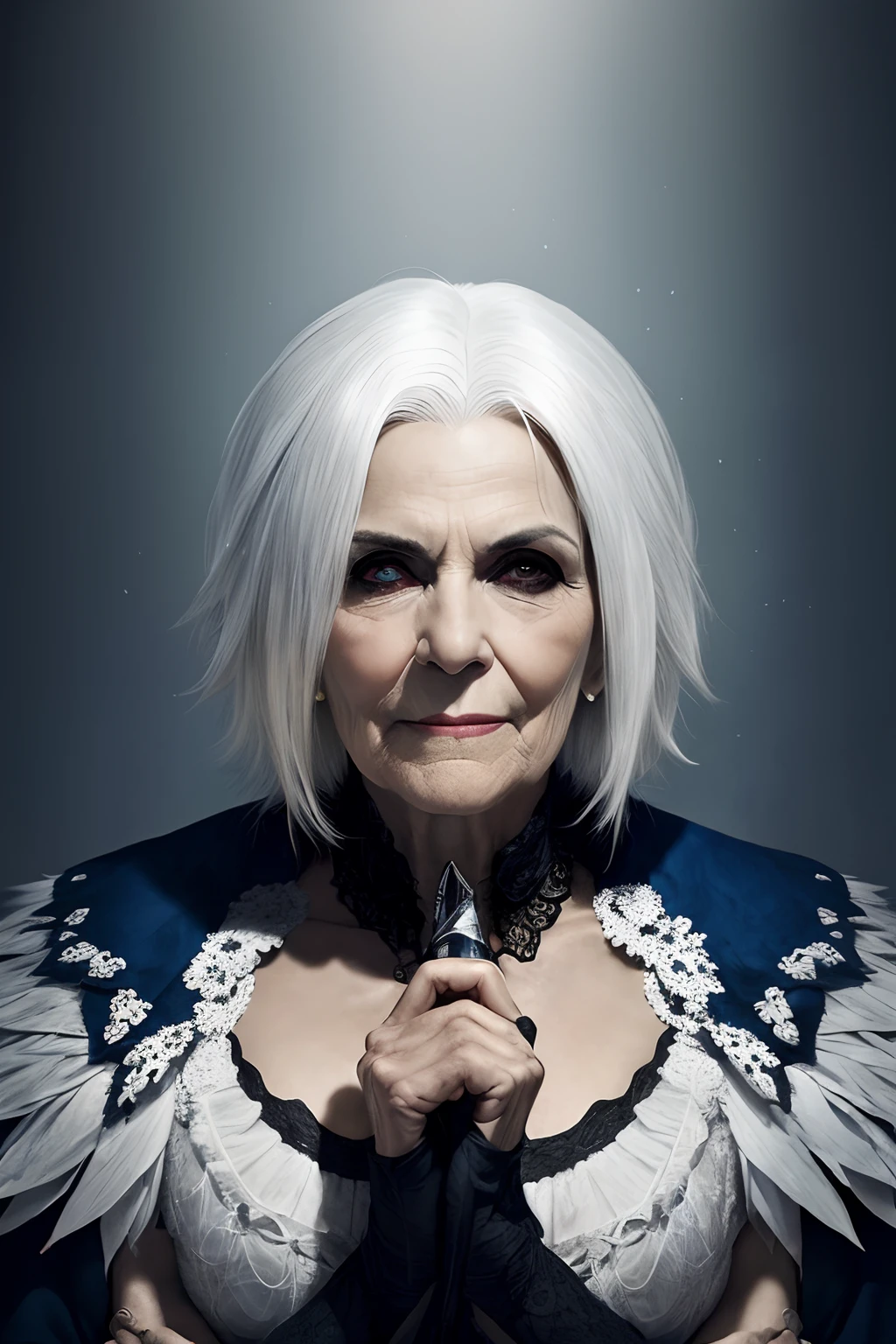 (papel de parede 8k extremamente detalhado), An average photo of a beautiful old woman with necromancer white hair, intrincado, alto detalhe, Dramatic