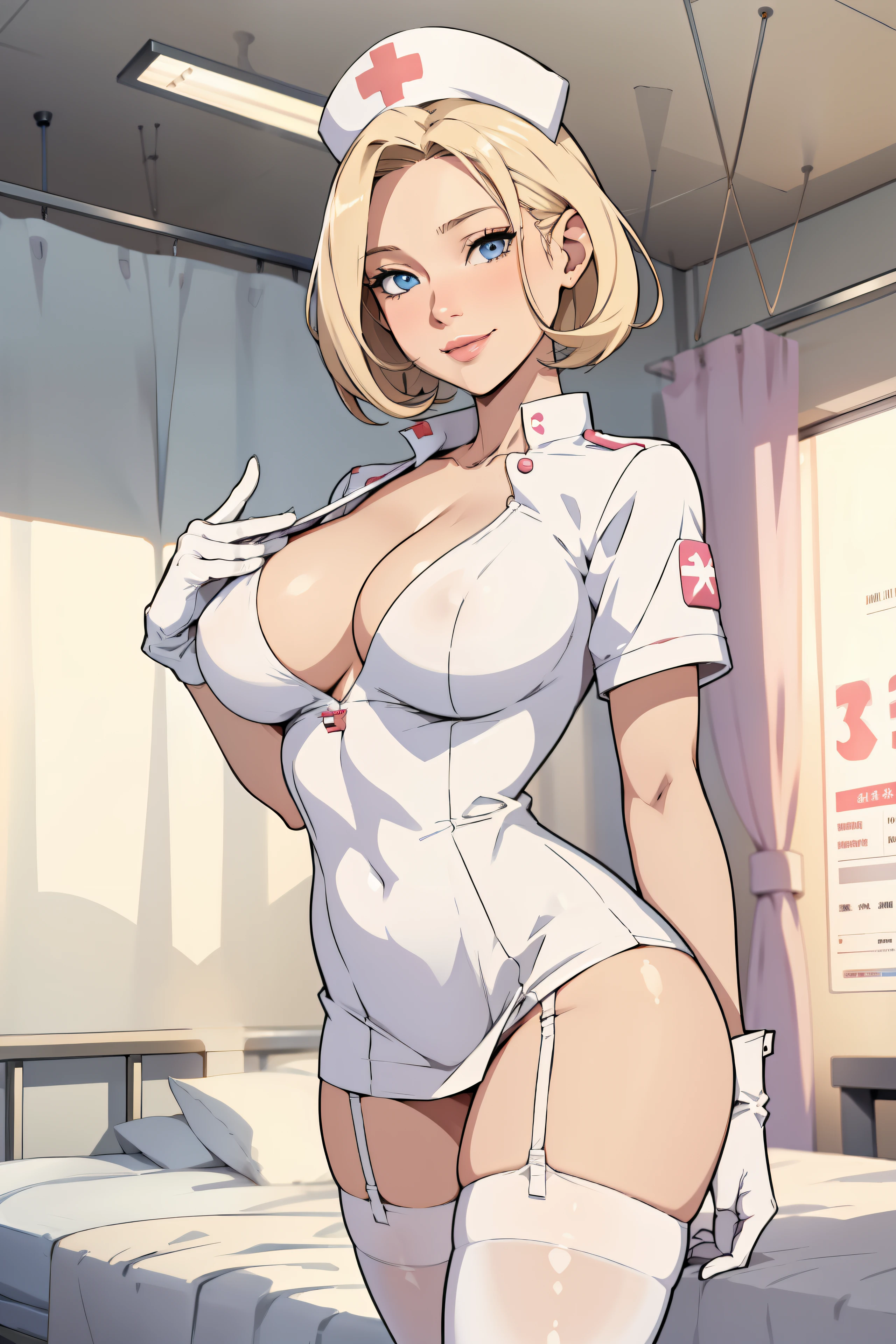 1woman, Nurse, tight nurse uniform, Nurse Cap, Whiteware, ((White legwear, zettai ryouiki)), White Gloves, Blonde hair, Blue eyes, pink lipsticks, Smile, Standing, sharp outline, Short sleeves, a mature female, 35 year old, Best Quality, masterpiece, infirmary, As chest shows, chest escaping, tit visible