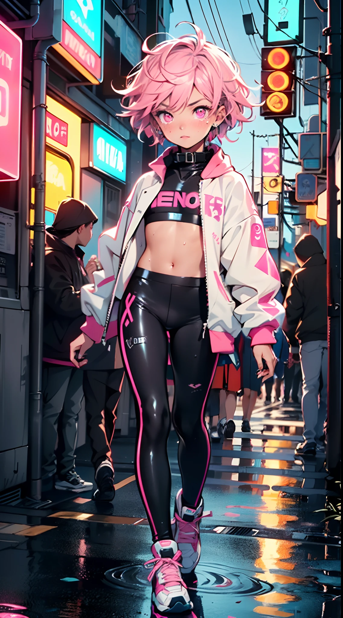 cute cartoon girl,(((1girl))),((extremely cute and beautiful liquid paint hair haired anime girl walking down the street)),
(large breasts:1.4),saggy breasts,short hair,(((liquid paint hair:1.1,neon purple hair|neon pink hair|neon blue hair|neon aqua hair|purple hair|fuchsia hair|fluorescent blue hair|amethyst hair|neon hair|bright pink hair :1.5,bright hair: 1.3,hair made of paint and defies gravity,thick flowing,paint splatter:1.3,shiny hair: 1.3,vibrant colored hair))),((heterochromia,eye1 purple,eye2 pink,upturned eyes:1.3,perfect eyes,beautiful detailed eyes,rainbow glows ultra-detailed deep pink purple eyes:1.1,gradient eyes:1,finely detailed beautiful eyes:1,symmetrical eyes:1,big highlight on eyes:1.2)),((fat)),(((lustrous skin:1.5,bright skin: 1.5,skin tanned,shiny skin,very shiny skin,shiny body,plastic glitter skin,exaggerated shiny skin))),(spider lower abdomen,narrow waist,wide hip,athletic body,inflated legs,delicate detailed fingers,detailed body,detailed arms,human hands,detailed hands),
cute,slutty,seductive,erotic,(((nsfw))),
(((liquid paint clothing,clothes made of liquid paint,neon purple clothes|neon pink clothes|neon blue clothes|neon aqua clothes|purple clothes|fuchsia clothes|fluorescent blue clothes|amethyst clothes|neon clothes|bright pink clothes :1.5))),revealing clothing,with micro clothes,(detailed outfit,detailed clothes),
(dynamic pose:1.0),solo focus,embarrassed,centered,scale to fit dimensions,Rule of thirds,
outdoors,((night view)),(cyberpunk night street Background: 1.5,dark sky,alleyway,lonely alley,thick clouds,detailed background:1.25),
(best quality),(high resolution),(sharp focus),(ultra detailed),(extremely detailed),(extremely high quality artwork),8k_wallpaper,(extremely detailed CG 8k),(very fine 8K CG),((hyper super ultra detailed perfect piece)),flawless,(((masterpiece))),illustration,vibrant colors,(intricate),High contrast,Selective lighting,Double exposure,HDR (High Dynamic Range),Post-processing,Background blu