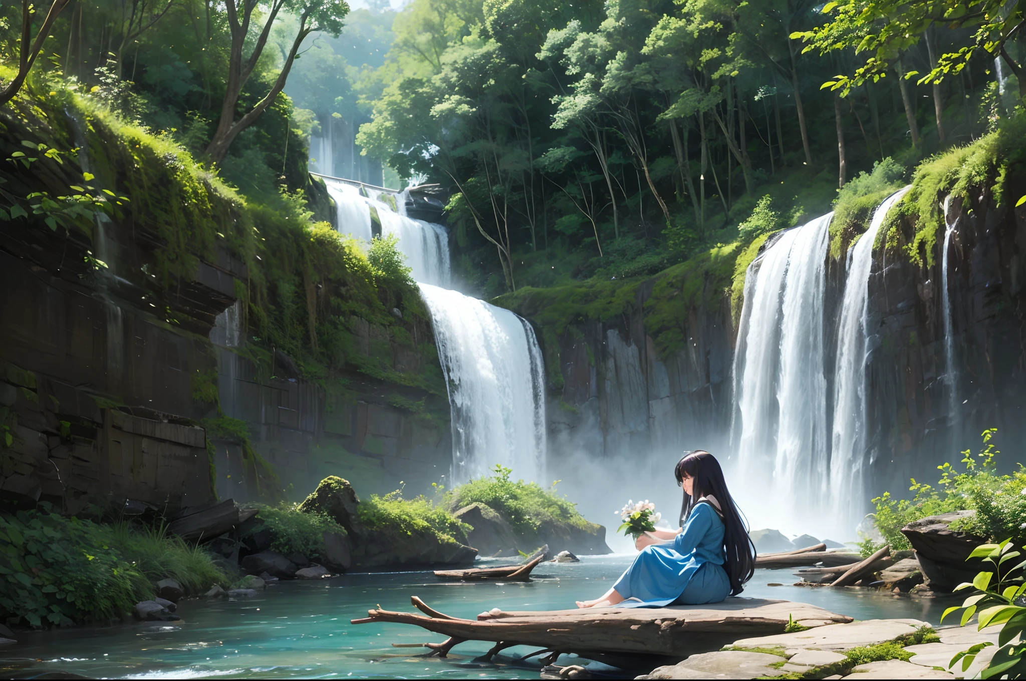 A high narrow waterfall, a small river between two high rock walls, hanging plants from above, flowery plants on the river margin. Beautoful girl, spirit of water, light blue and sapphire clothes, sitting a a fallen log next to the river, foot on water.