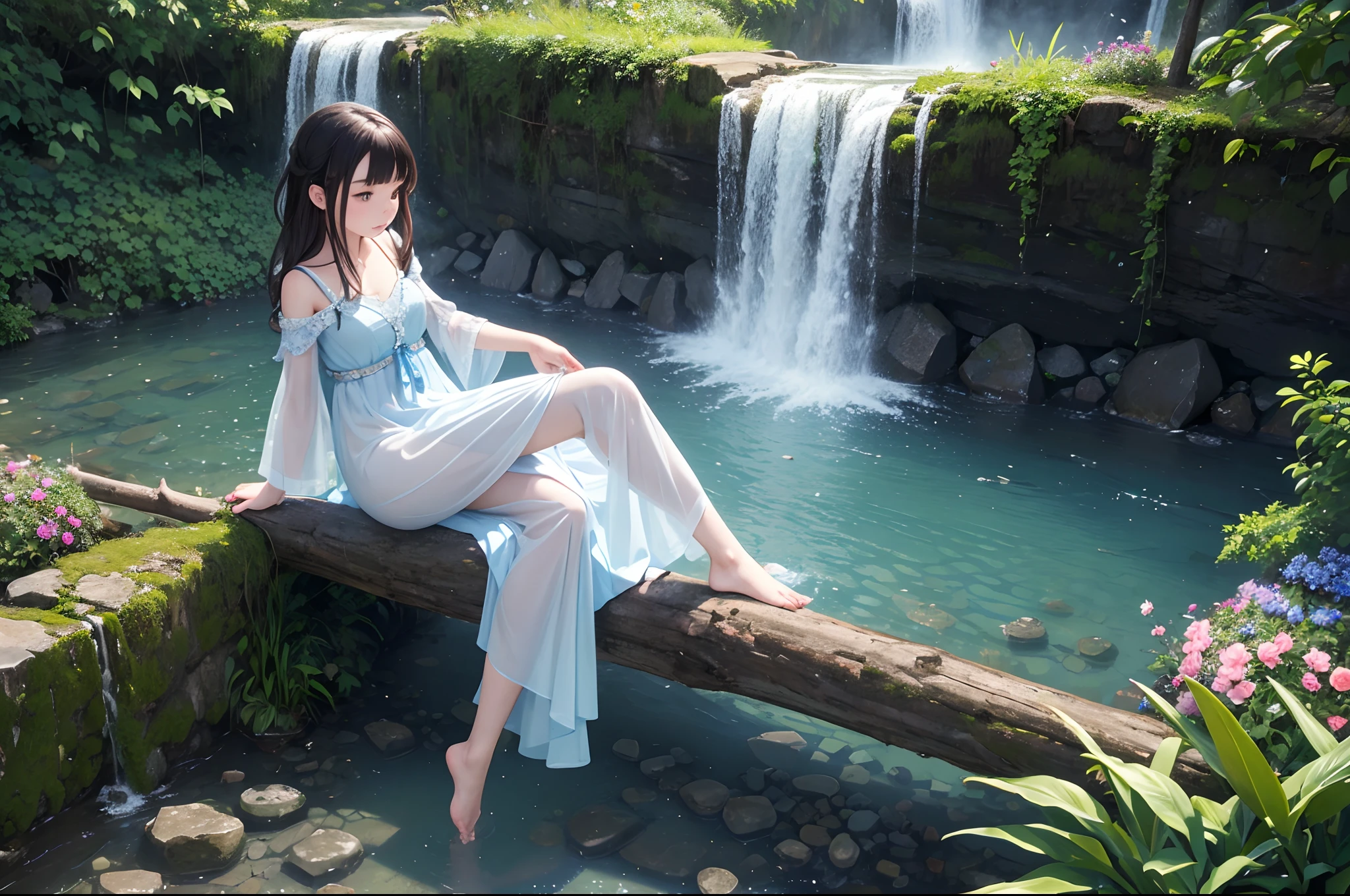 A high narrow waterfall, a small river between two high rock walls, hanging plants from above, flowery plants on the river margin. Beautoful girl, spirit of water, light blue and sapphire clothes, sitting a a fallen log next to the river, foot on water.