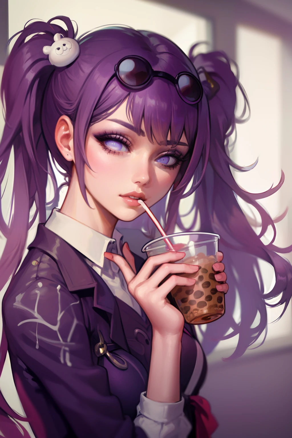 Highly detailed, High Quality, Masterpiece, beautiful, Kafka, purple eyes, jacket, 1girl, solo, mature female, purple eyes, boobatea, with a cup of bubble tea on her boobs, lips on the straw, drinking through the straw,