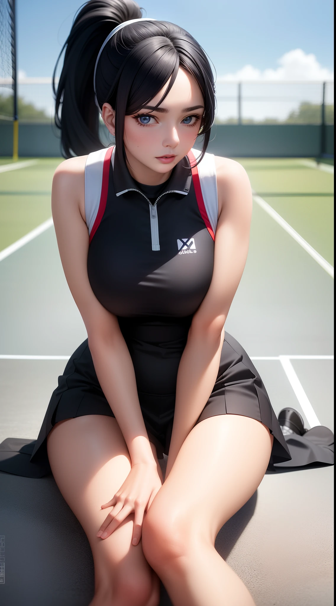 Large breasts, blue eyes, with big ass and mini tennis skirt , black hair