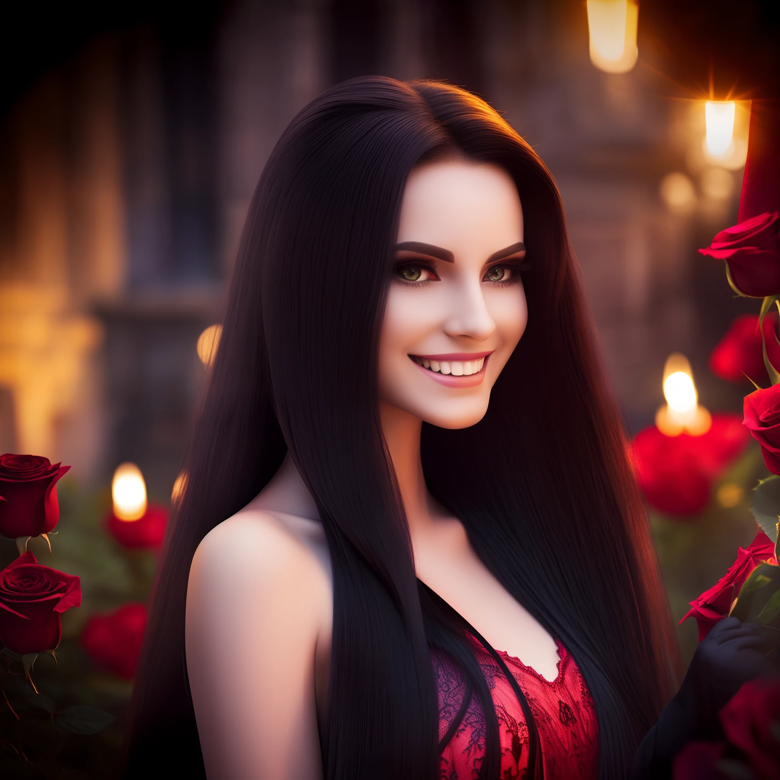 a vampire in love,long flowing hair,blood-red eyes,sharp fangs,listening to classical music in a moonlit garden,a mesmerizing smile,black lace dress,gently holding a red rose in her hand,the rose petals falling like drops of blood(best quality,ultra-detailed,realistic:1.37),dark and romantic,soft candlelight illuminating her porcelain skin,casting elegant shadows on the cobblestone path,vivid colors contrasting with the night's darkness,subtle glow surrounding her,surreal and captivating scene.