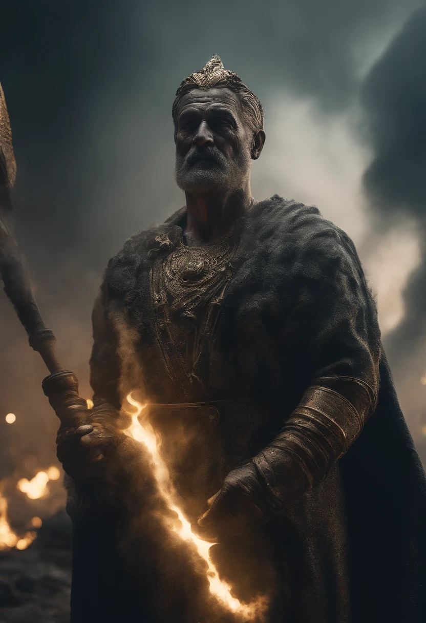 Zeus Thunder father of gods, furious, blue eyes, levitating, sharp pupils, dynamic pose, radial zoom, blurred background, thick black plumes of smoke, fractal turbulence, ethereal, ghostly, Jeremy Mann, ominous, dramatic scene, insanely detailed, surreal, astral chillstep, exuberant, magical, perfect composition, volumetrics, highly detailed, deep focus, rim lights, light leak, bokeh , isometric, digital art, smog, pollution, toxic waste, chimneys and railroads, 3 d render, octane render, volumetrics, by greg rutkowski