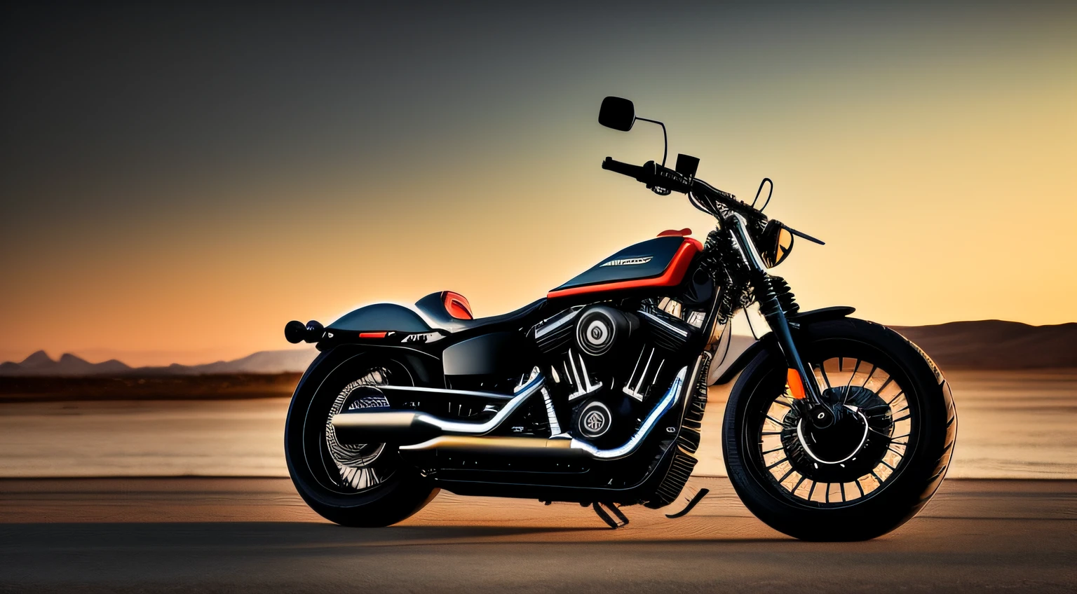 a Harley motorcycle, black with wide tires, high handlebars, with a man riding, late afternoon hdr, clearly perfect photo, 16:9 --auto