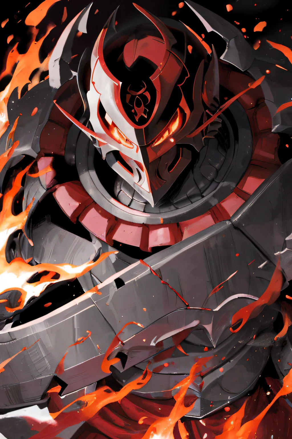 1 man, dnd paladin, templar helmet, face covered, heavy plate armor, dark grey and red and gold accents, red cape, fire, surrounded by fire, heroic pose, shiny armor, dark, large shoulders, snow, winter, close up