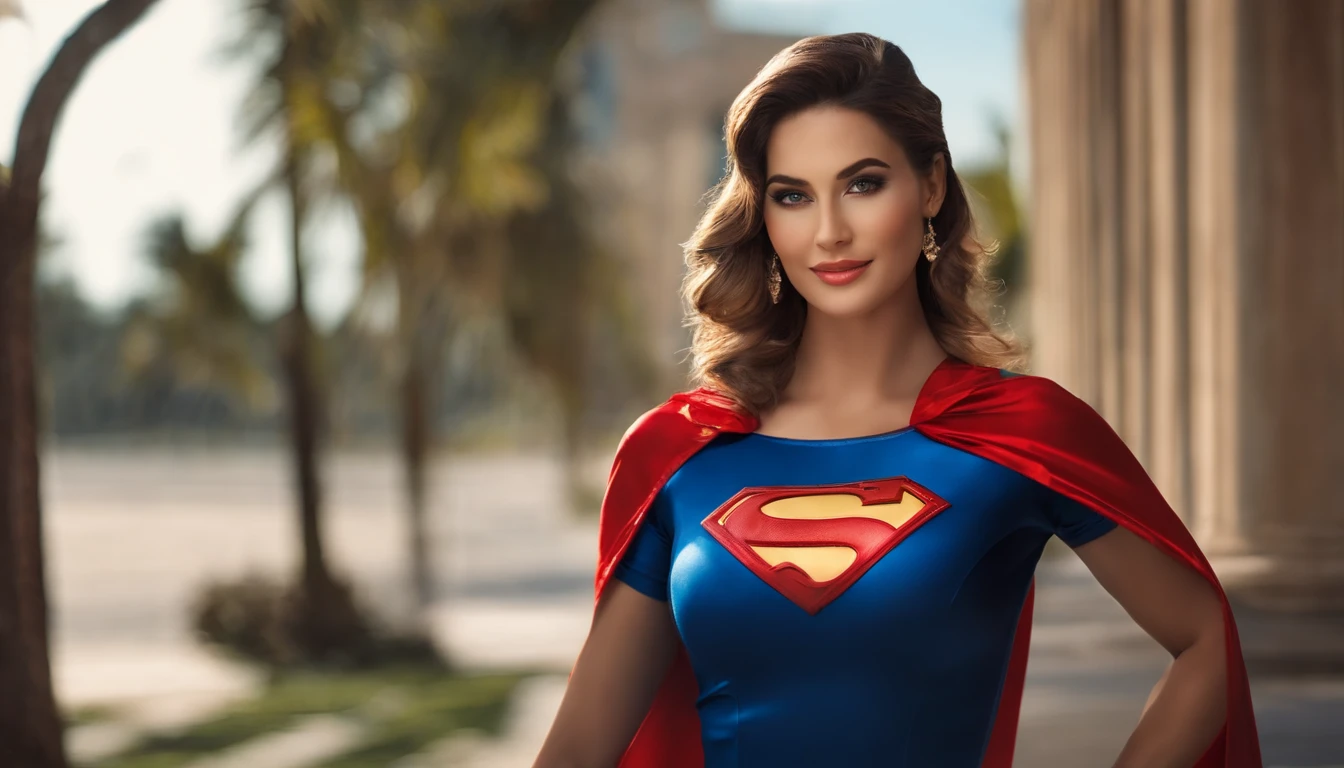 Uma mulher em uma fantasia cosplay de super-homem, com um comportamento sensual e sexy, He captures attention with his seductive gaze and flirtatious smile. Seu figurino detalhado exibe designs intrincados e cores vibrantes, Reminiscent of a high-quality Artstation illustration. The woman's flawless skin and perfectly combed hair exude a sense of glamour and elegance. The image is captured with a smooth and continuous finish, highlighting every intricate detail with sharp focus. The resolution is set at an impressive 8K, ensuring breathtaking clarity and realism. The lighting accentuates the woman's features, casting soft shadows that add depth to the overall composition. The color palette is bold and vibrant, com uma mistura de vermelho vibrante, azul, e tons amarelos, much like the iconic Superman costume. Geral, This work of art is a masterpiece of seductive allure and impeccable attention to detail, mostrando a beleza cativante da mulher de uma maneira altamente realista e visualmente deslumbrante.