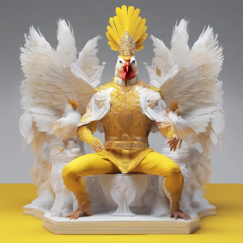 body builder、Only the head is a chicken human、colourfull、Perfect alignment, body builder、Chickens only the head,Crystal Vase,Rose flower, Wearing sunglasses, cheerfulness, Standing position, Abstract beauty, Centered, Looking at the camera, Facing the camera, Approaching perfection, Dynamic, Highly detailed, Smooth, Sharp Focus, 8K, hight resolution, Illustration, art by carne griffiths and wadim kashin, White background、Kitchen car、body builder、Human with a chicken head、hali々and majestic heads dressed in the costume of Malaysian kings create a mesmerizing photo operation featuring a chicken man, Decorated with luxurious yellow garments, and wear a magnificent tanjak as a traditional headpiece. A majestic head places a chicken human on an enchanting grand throne, Castle in Another World. Using creative editing techniques、Head blends chicken humans seamlessly with luxurious settings, Elevate the overall atmosphere with subtle magic and ethereal elements. This piece should evoke a strong sense of awe, power, and Enchanted, Heads dressed in glittering yellow costumes invite viewers to an enchanting and mythical world ruled by the human king of chickens