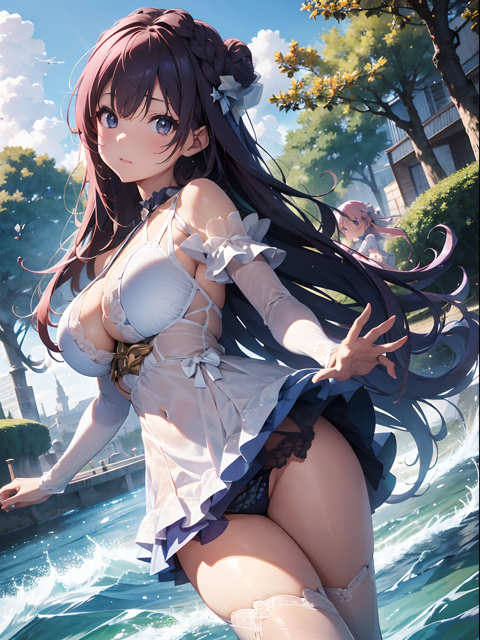 star-shaped bule pupils,+_+,pupils in symbol shapes,sparkle eyes)),(Enrich the picture,Masterpiece level quality),Exquisite 8KCG artwork,Three goddess-like figures,sittinng on the river,Postural exercises,Slim and soft,Translucent skin,Green hair、The beauty of extra-long hair, Super Long Straight Hair,The skin is fair and juicy,Oversized breasted blue bikini miniskirt uniform,Perspective Part 1.2x enhanced silhouette effect,Exquisite transparent blues pattern in pajamas,The details are intricate and exquisite,The background is slightly blurred,Charming and lustful leg seduction,Drool,Extra-large big breasts,Blush,Koreainsta Goddess,Perfect body slim curves,Scene by the sea,The three goddesses sat together,Japan goddess,