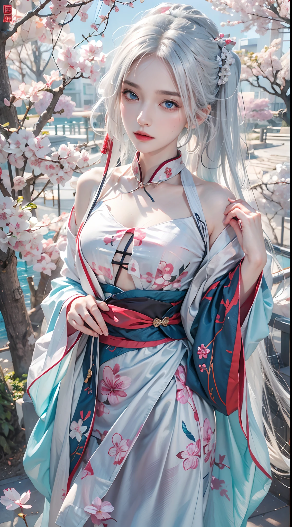 photorealistic, high resolution, soft lights, 1women, solo, hips up, blue eyes, white hair, long hair, hanfu, hips up, jewelry, tattoo, cherry blossom